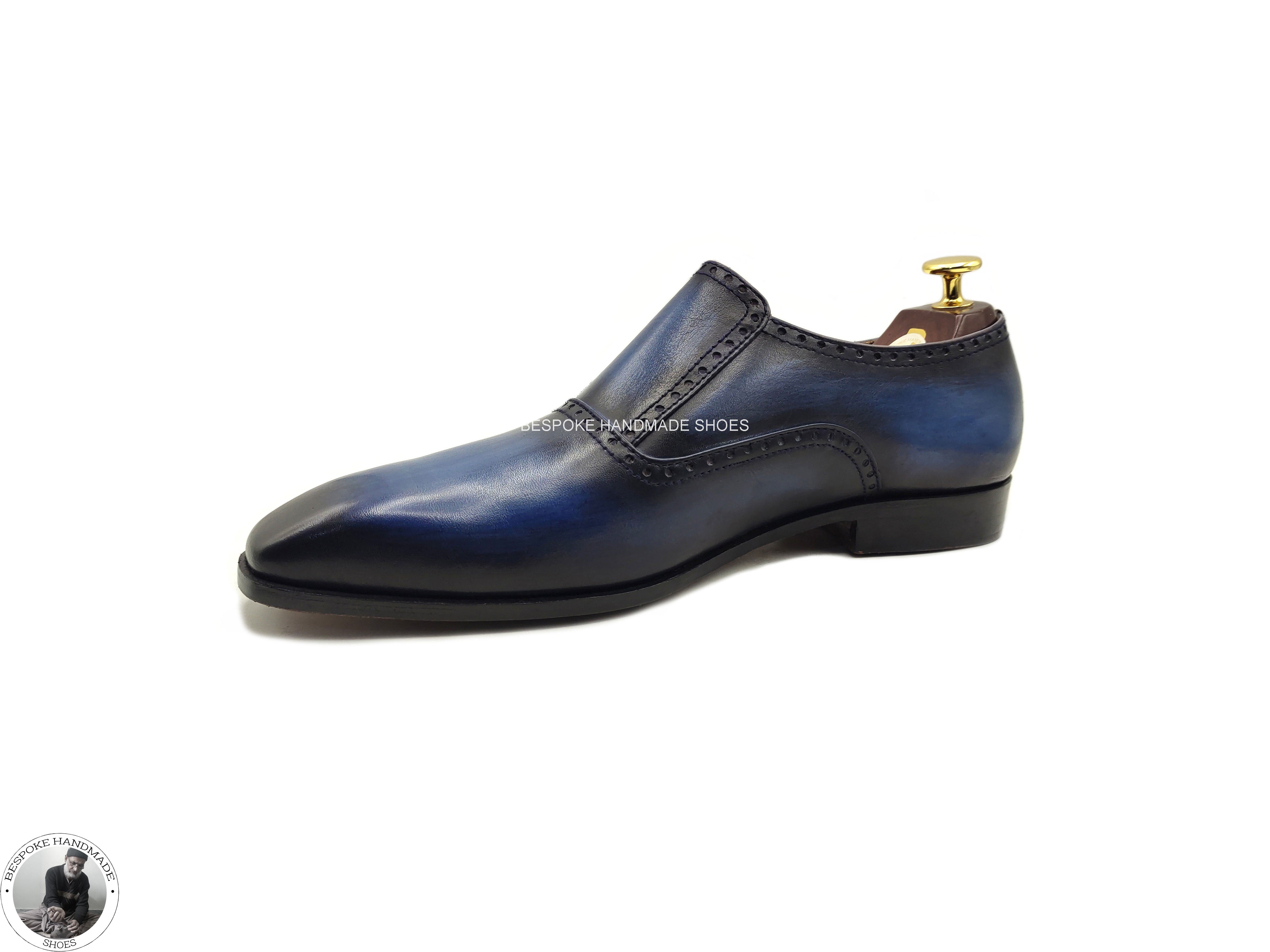 Handmade Bespoke Blue Leather Black Leather Monk Strap Wholecut Dress / Formal Shoes