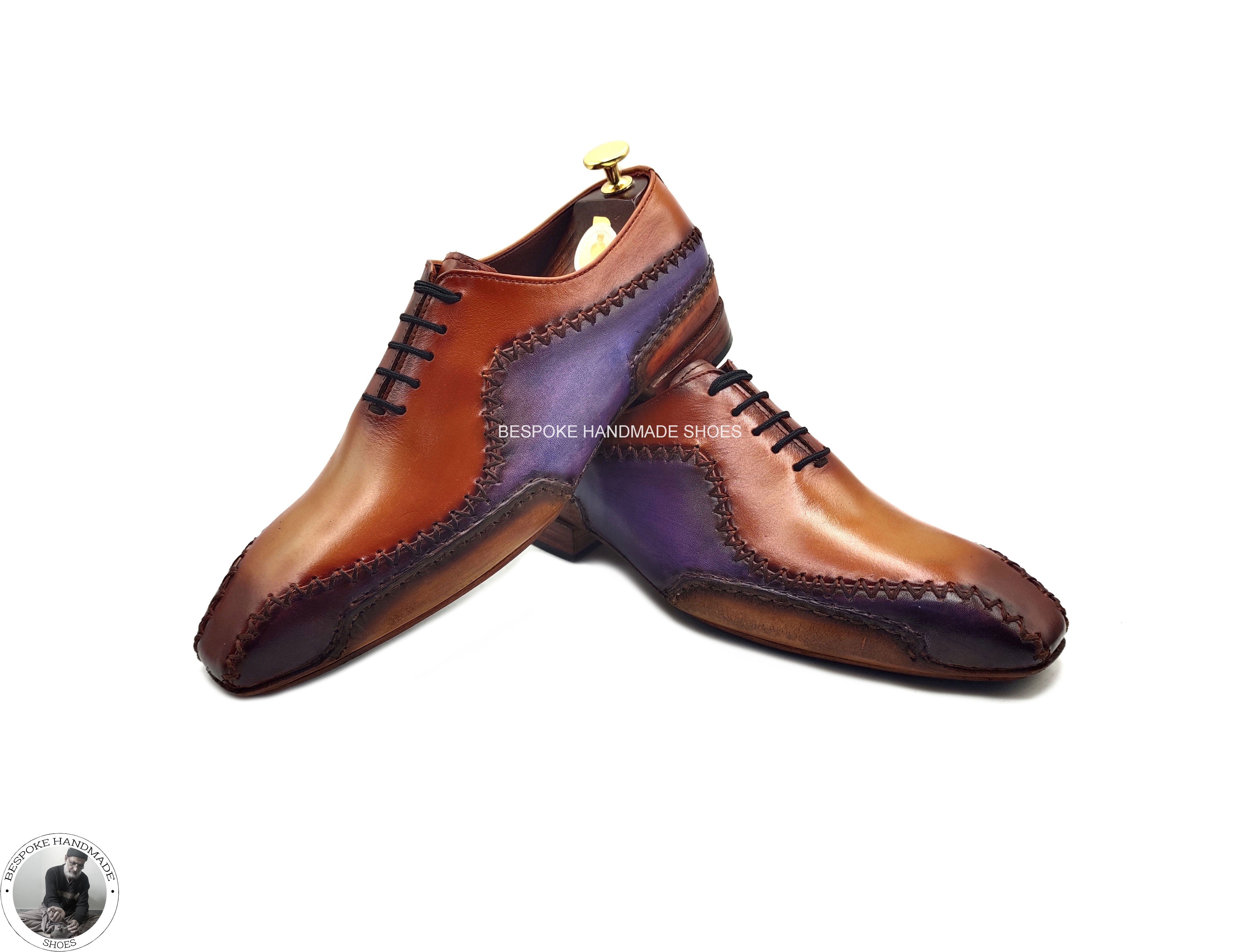 Buy Handmade Men's Real Two Tone Brown & Purple Leather Oxford Wholecut Lace up Dress / Formal Shoes