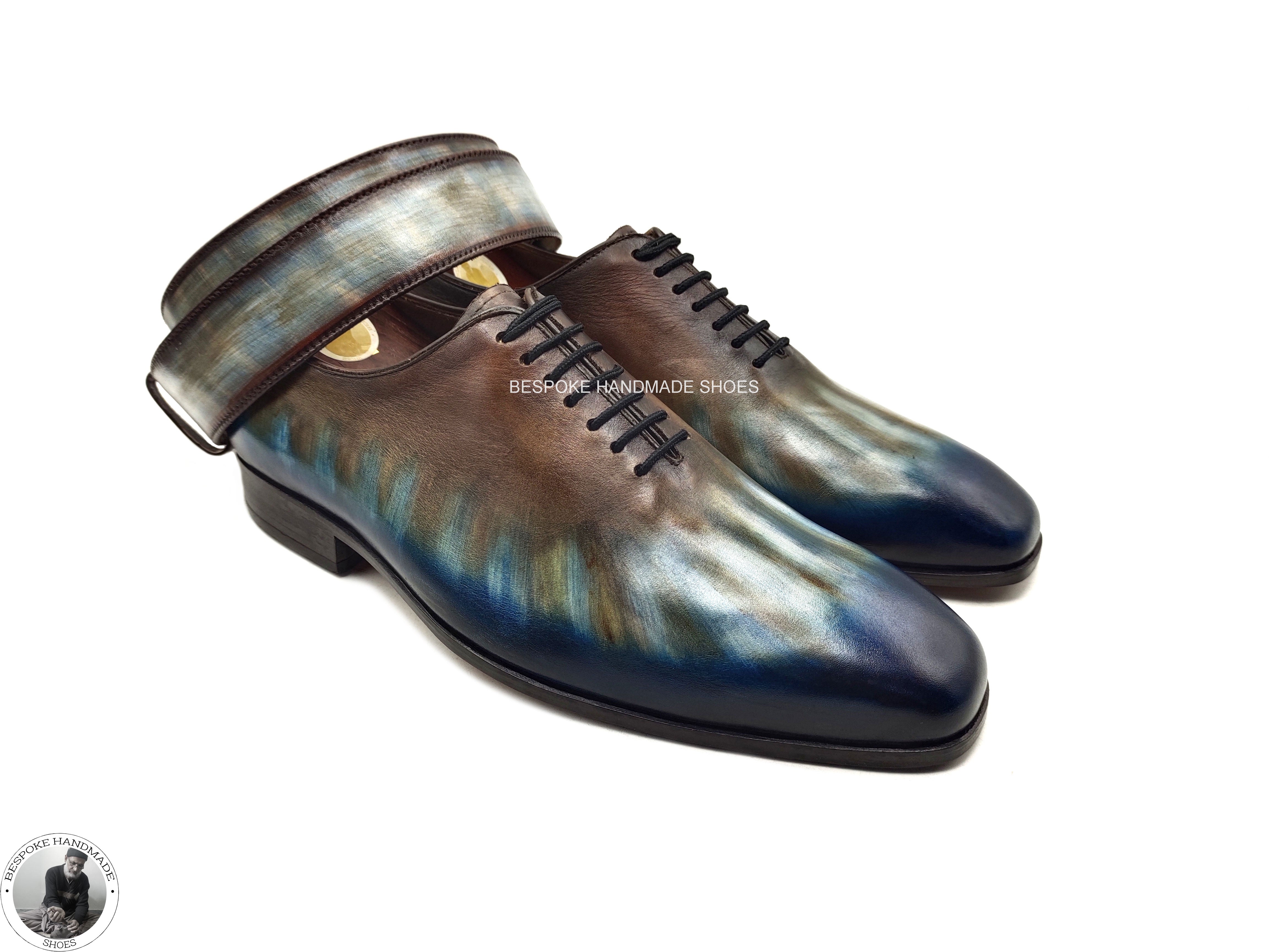 Bespoke Handmade Men Two Tone Calf Leather Patina art Hand Painted Wholecut Oxford Lace up Formal Shoe
