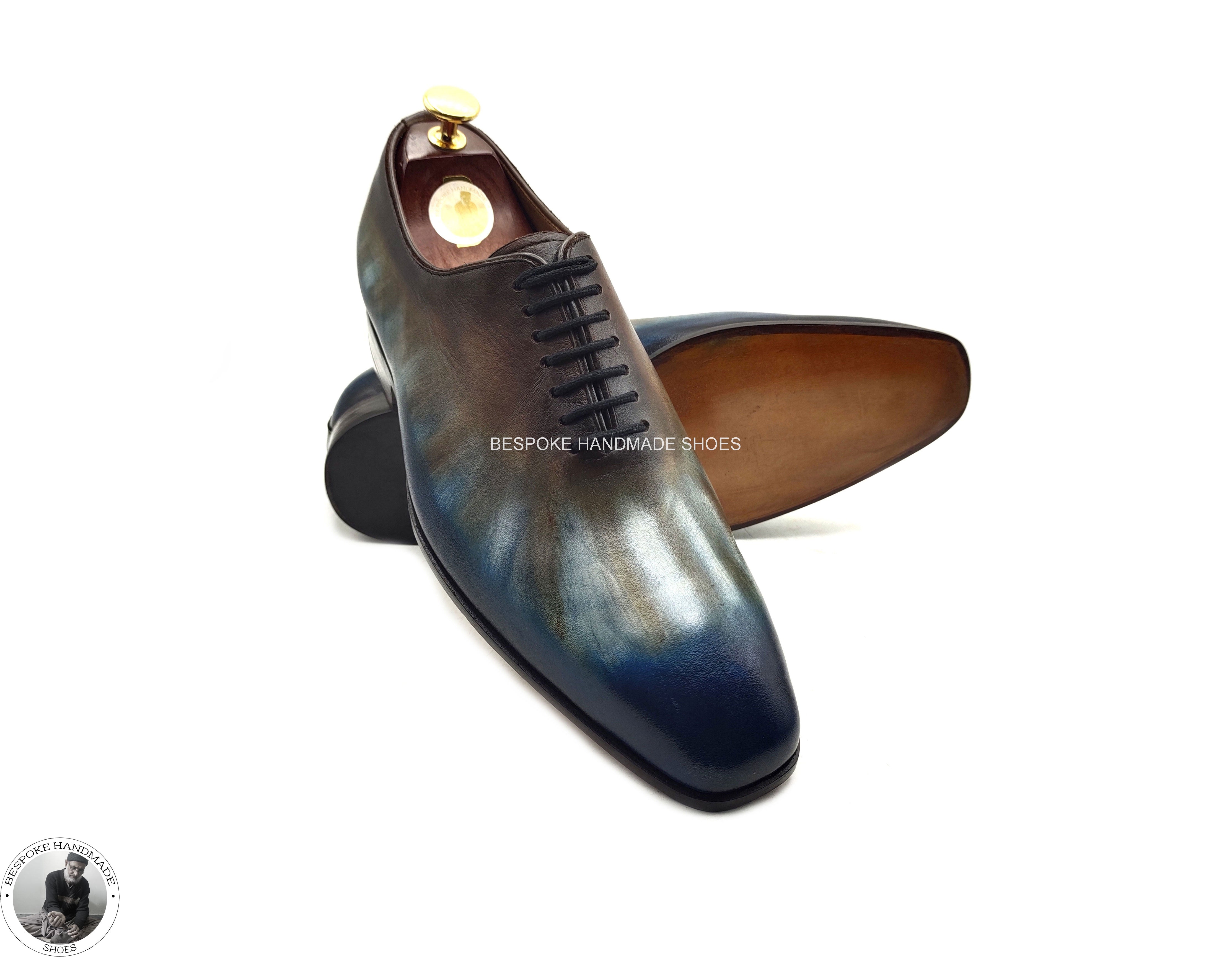 Bespoke Handmade Men Two Tone Calf Leather Patina art Hand Painted Wholecut Oxford Lace up Formal Shoe