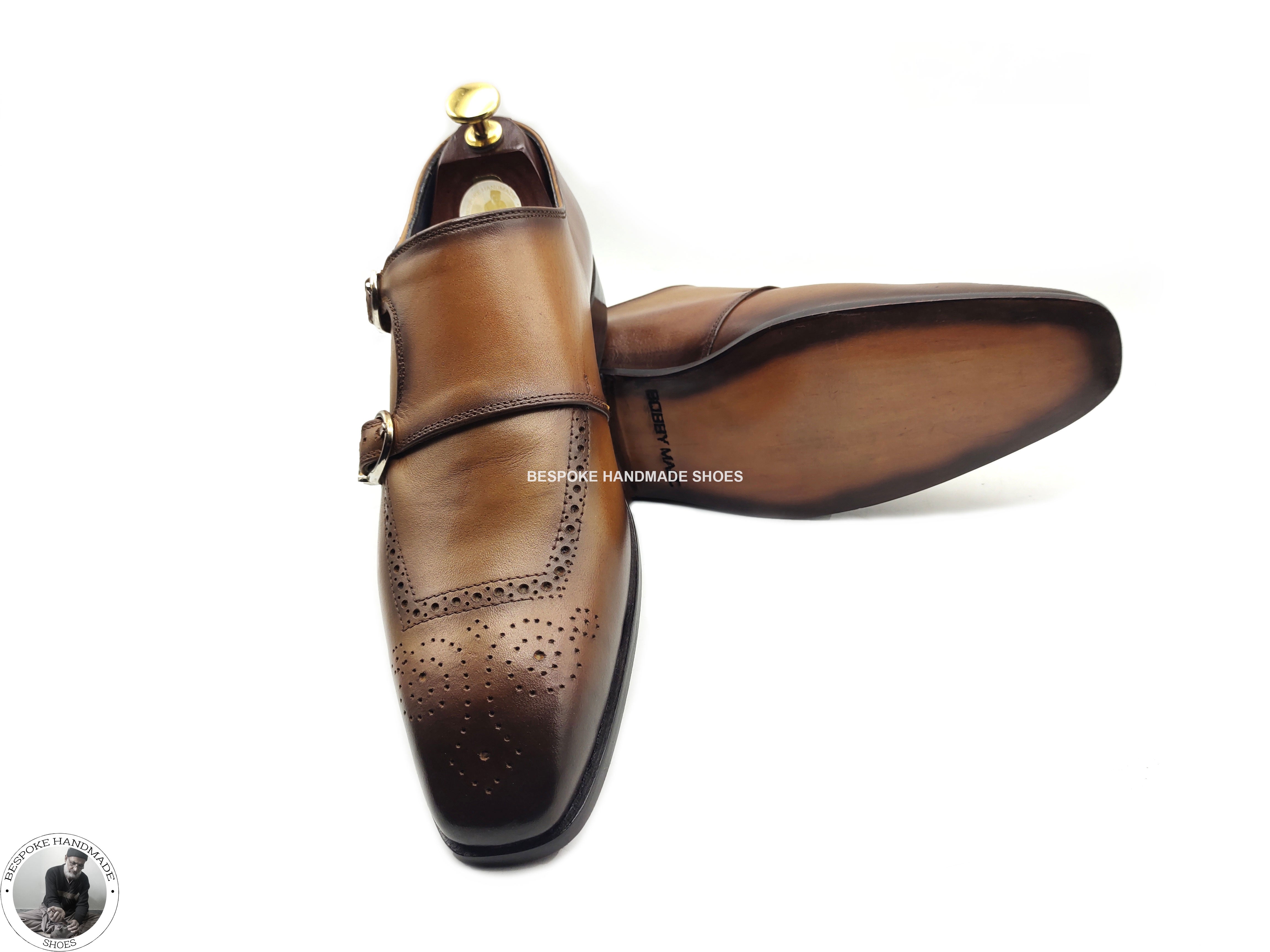 Buy Handmade Men Brown Leather Black Shaded, Double Monk Strap Wingtip Dress Shoes
