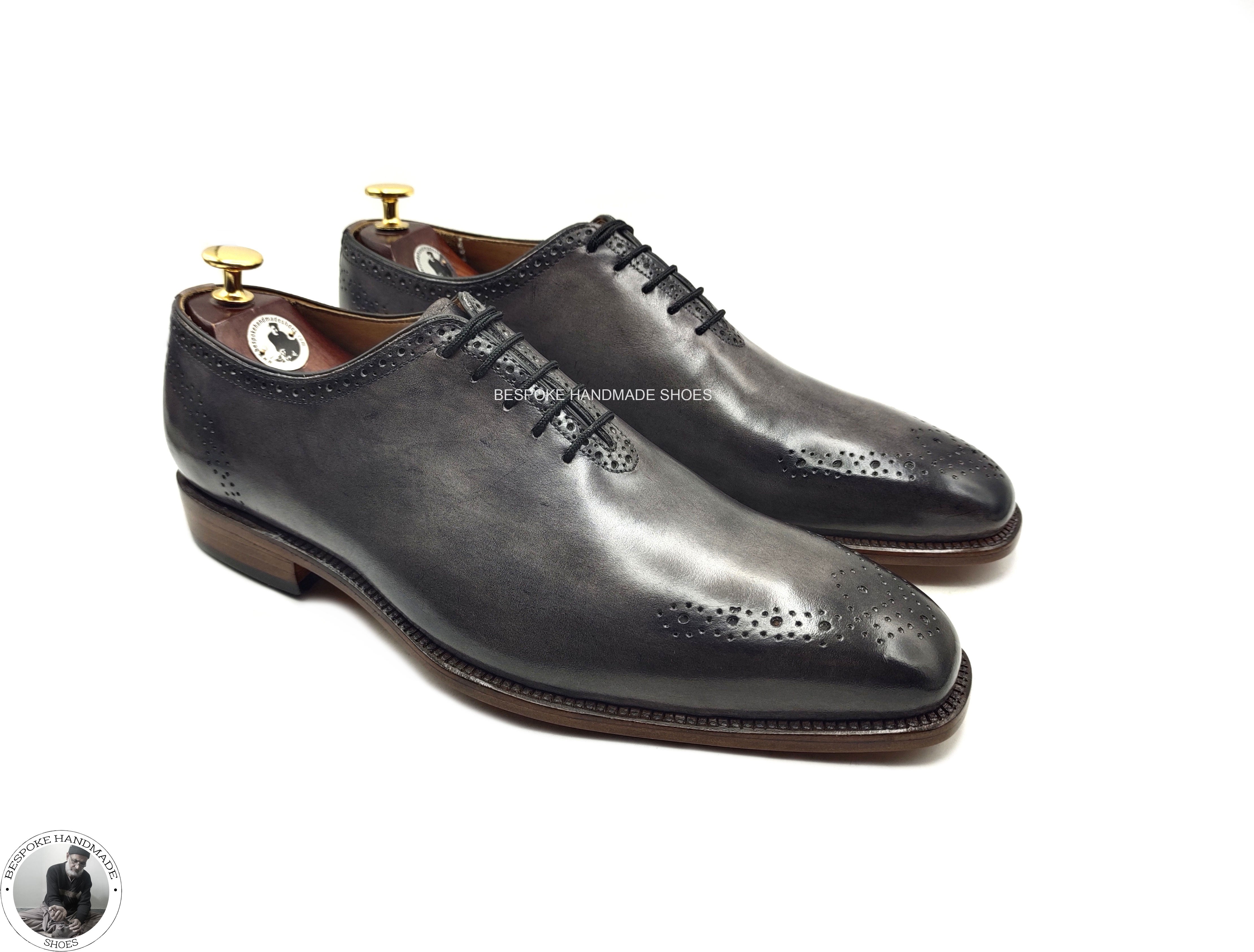 Premium Quality Gray Leather Black Shaded Shoes, Men Oxford Brogue Lace up Dress Wholecut Shoes