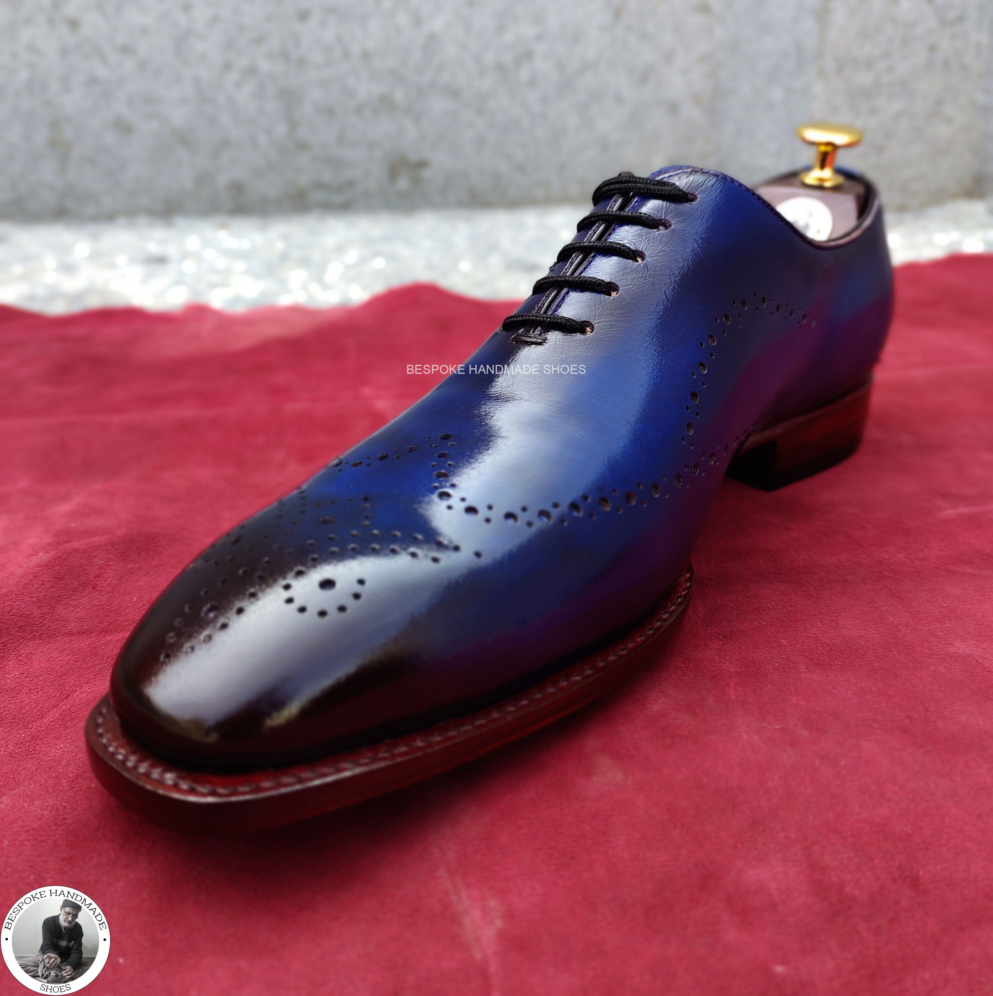 Perfect Quality Blue Leather Black Shaded Handcrafted Oxford Wingtip Lace up Shoes