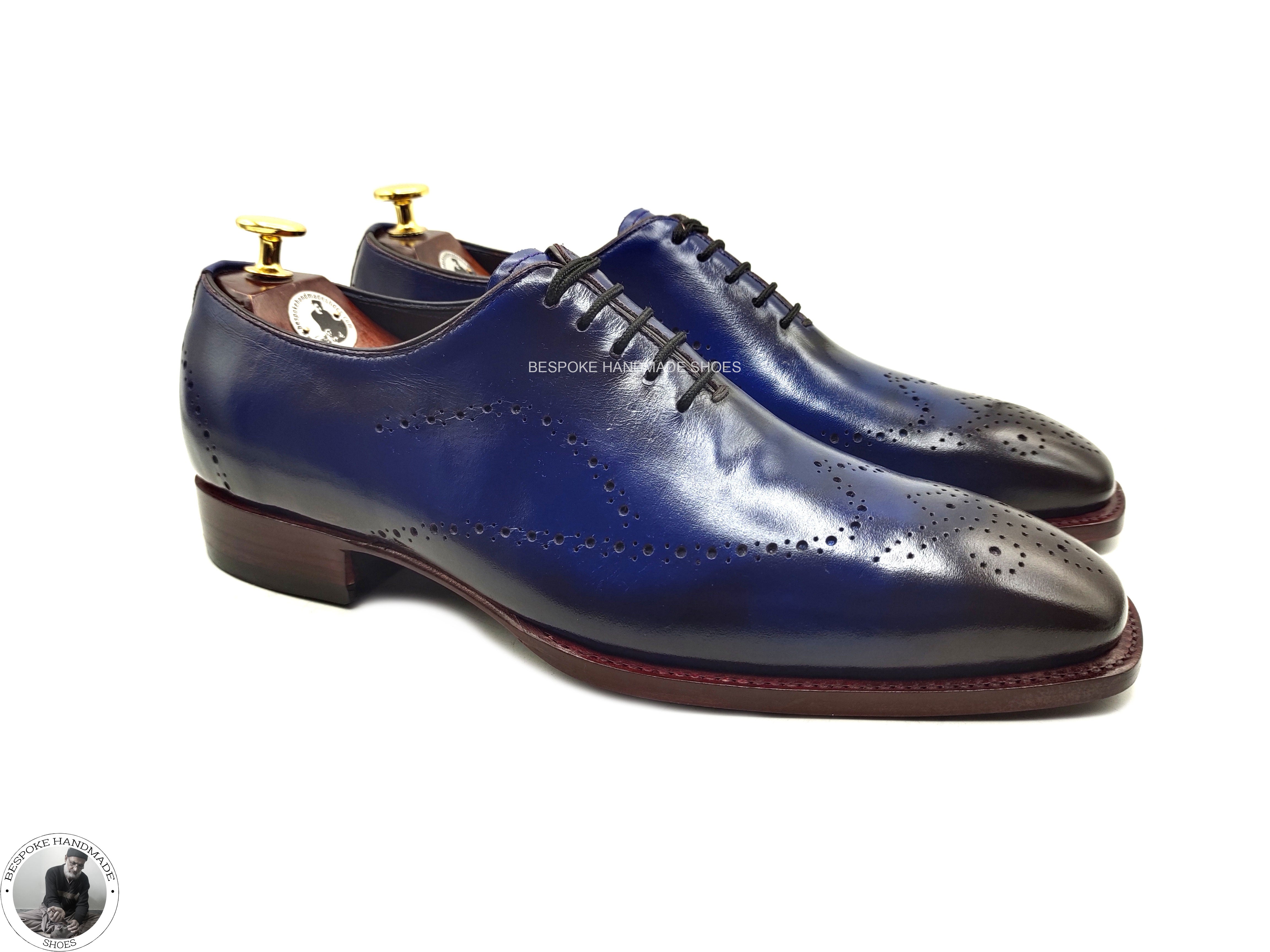 Perfect Quality Blue Leather Black Shaded Handcrafted Oxford Wingtip Lace up Shoes