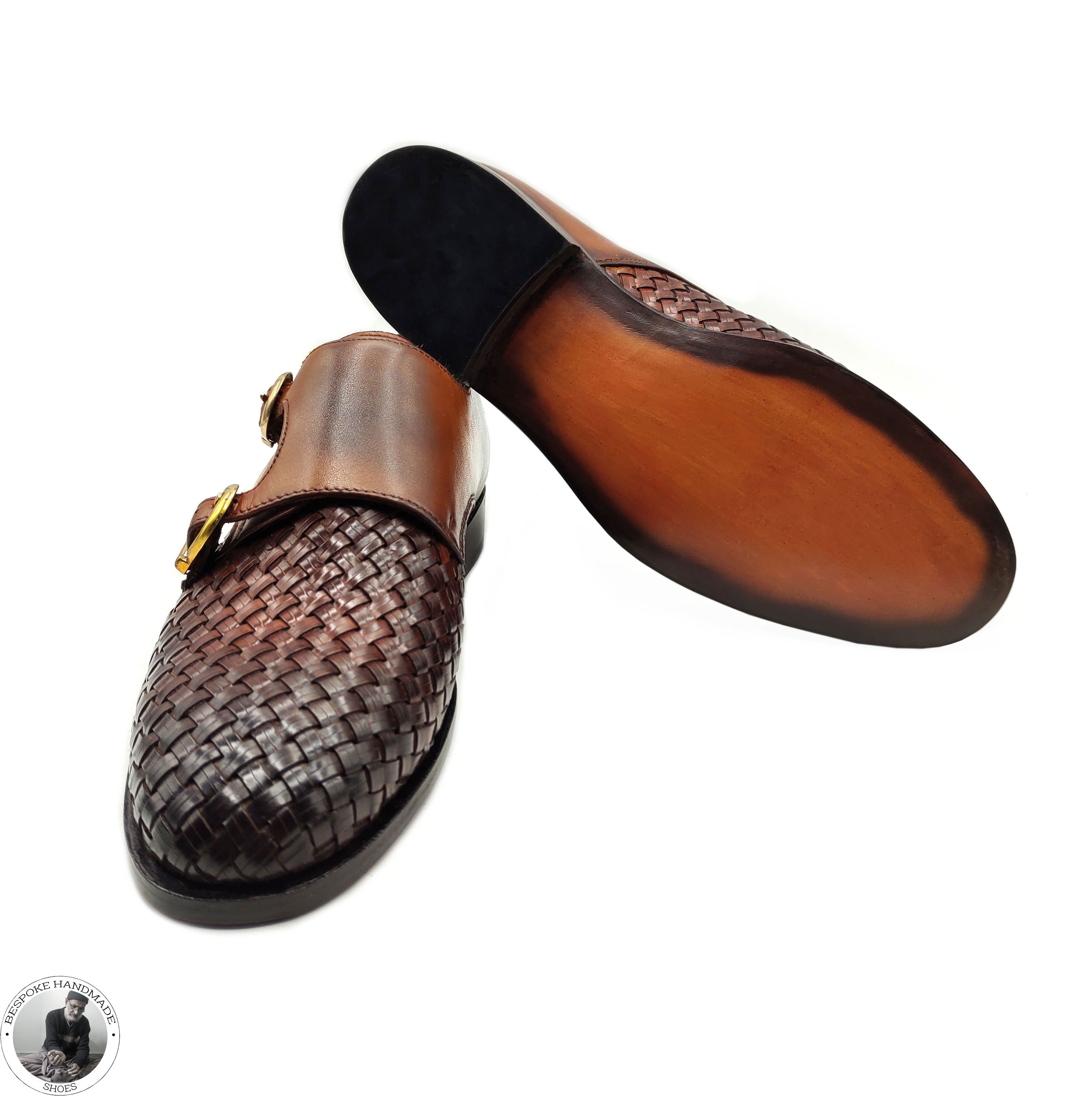 Bespoke Handmade Dress Woven Leather Shoes For Men's,Double Monk Strap Derby Casual Shoes