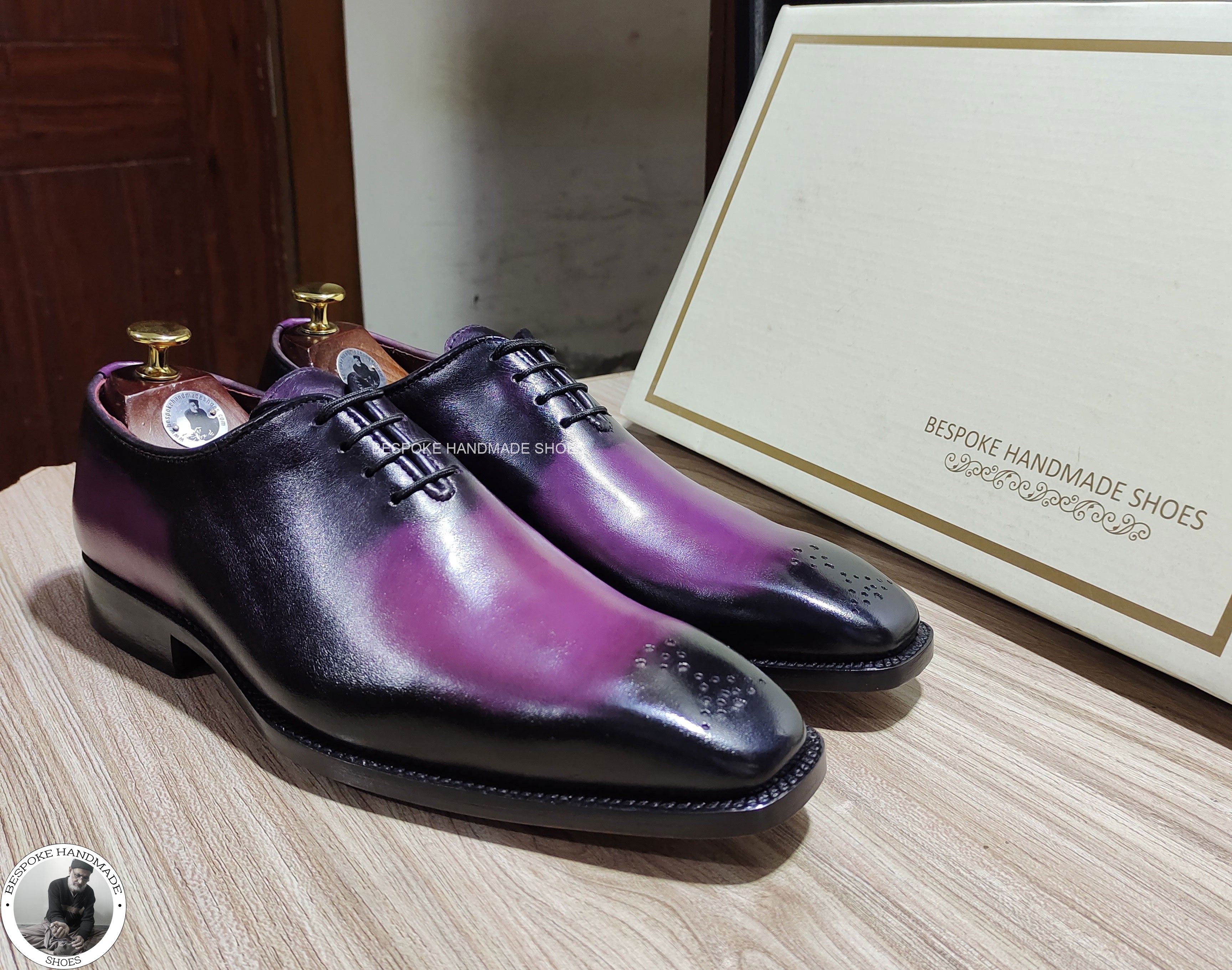 Premium Quality Two Tone, Purple Leather Black Shaded Brogue Whole Oxford Lace up Formal Shoes