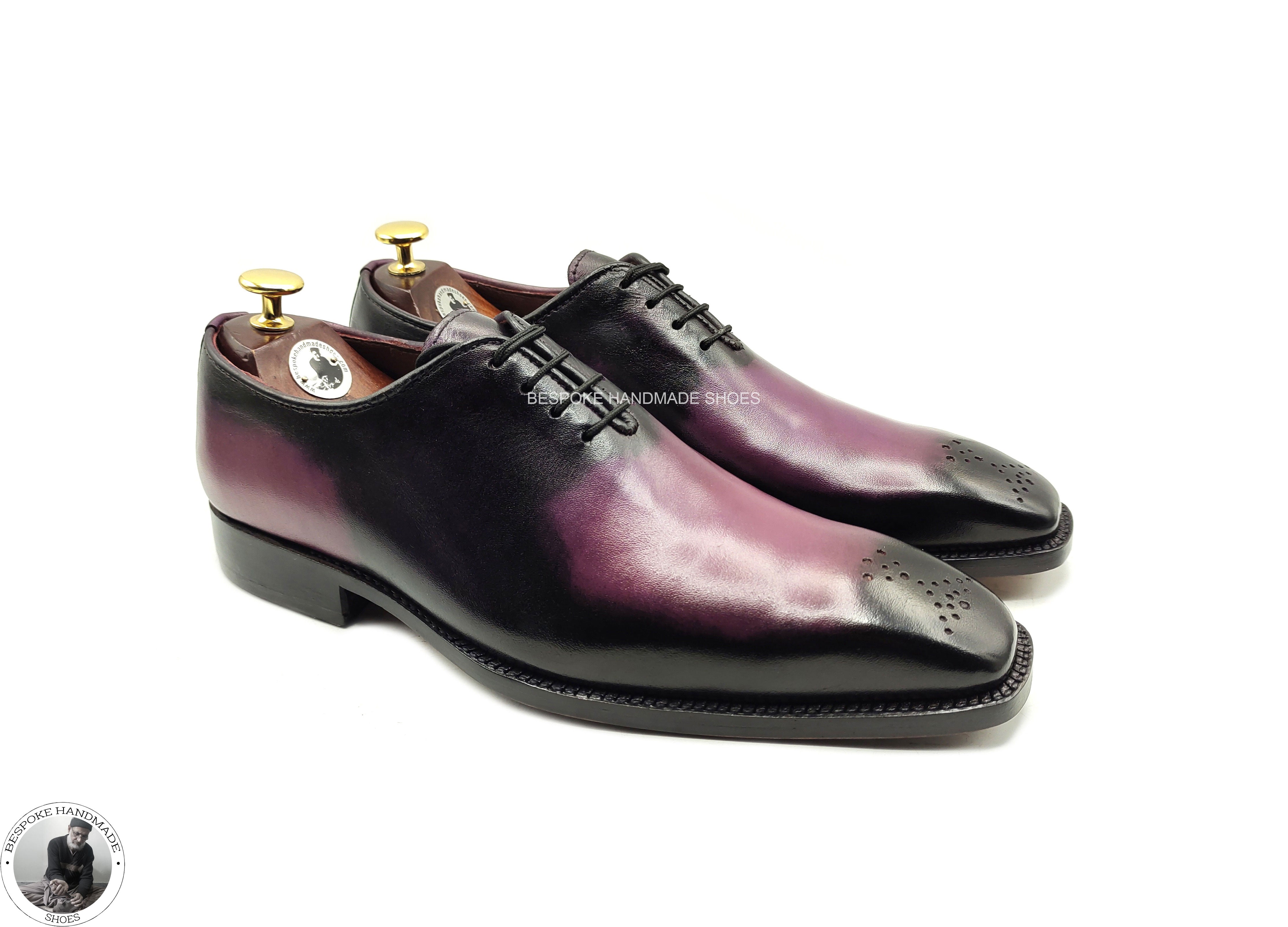 Premium Quality Two Tone, Purple Leather Black Shaded Brogue Whole Oxford Lace up Formal Shoes\