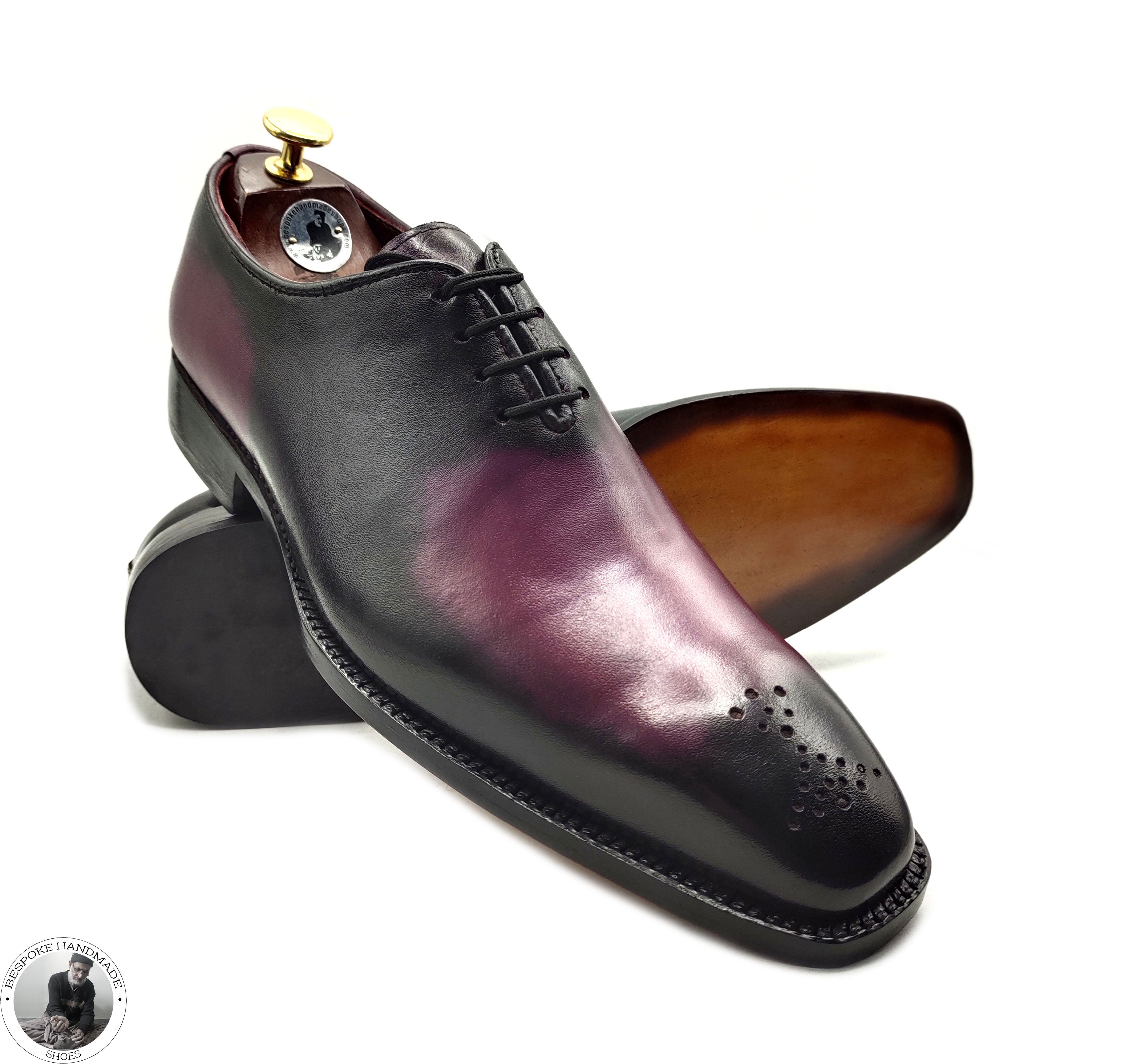 Premium Quality Two Tone, Purple Leather Black Shaded Brogue Whole Oxford Lace up Formal Shoes