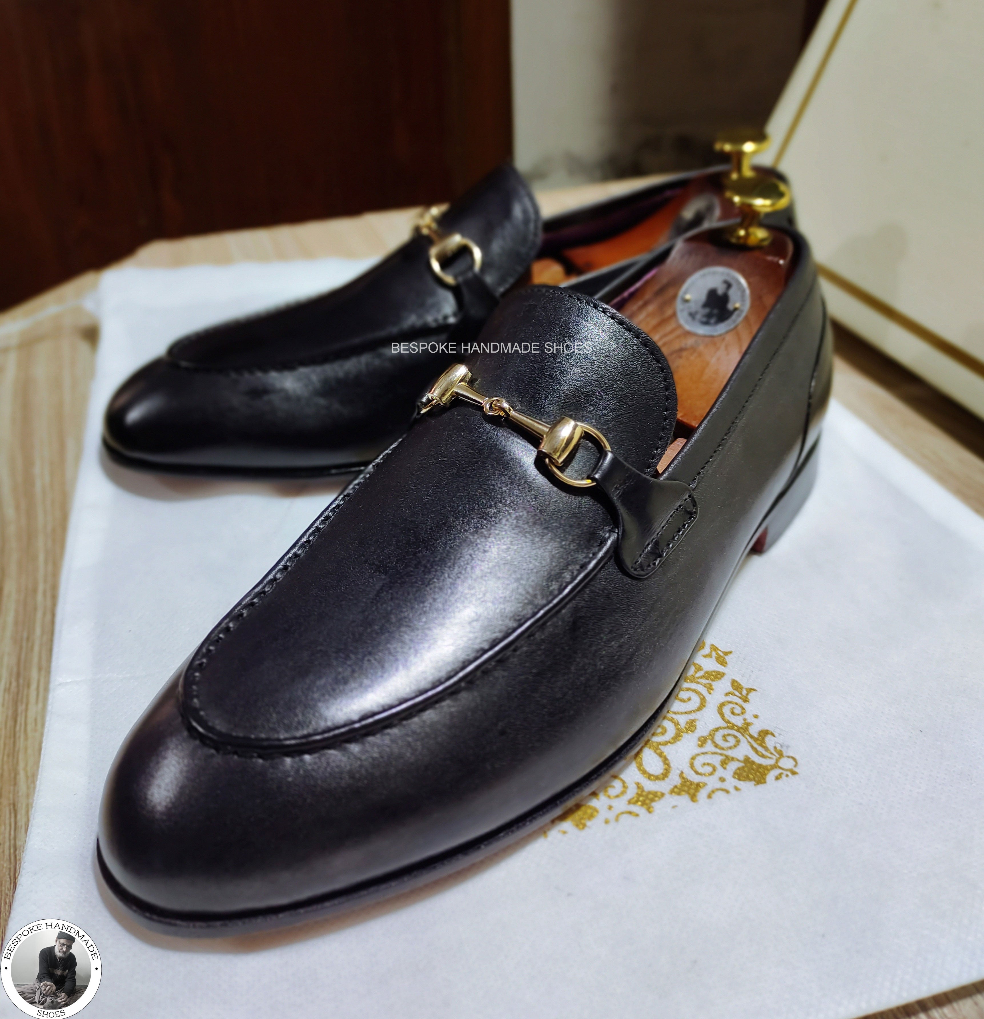 New Men's Handmade, Black Leather Slip on Loafer Moccasian Buckle Dress Shoes