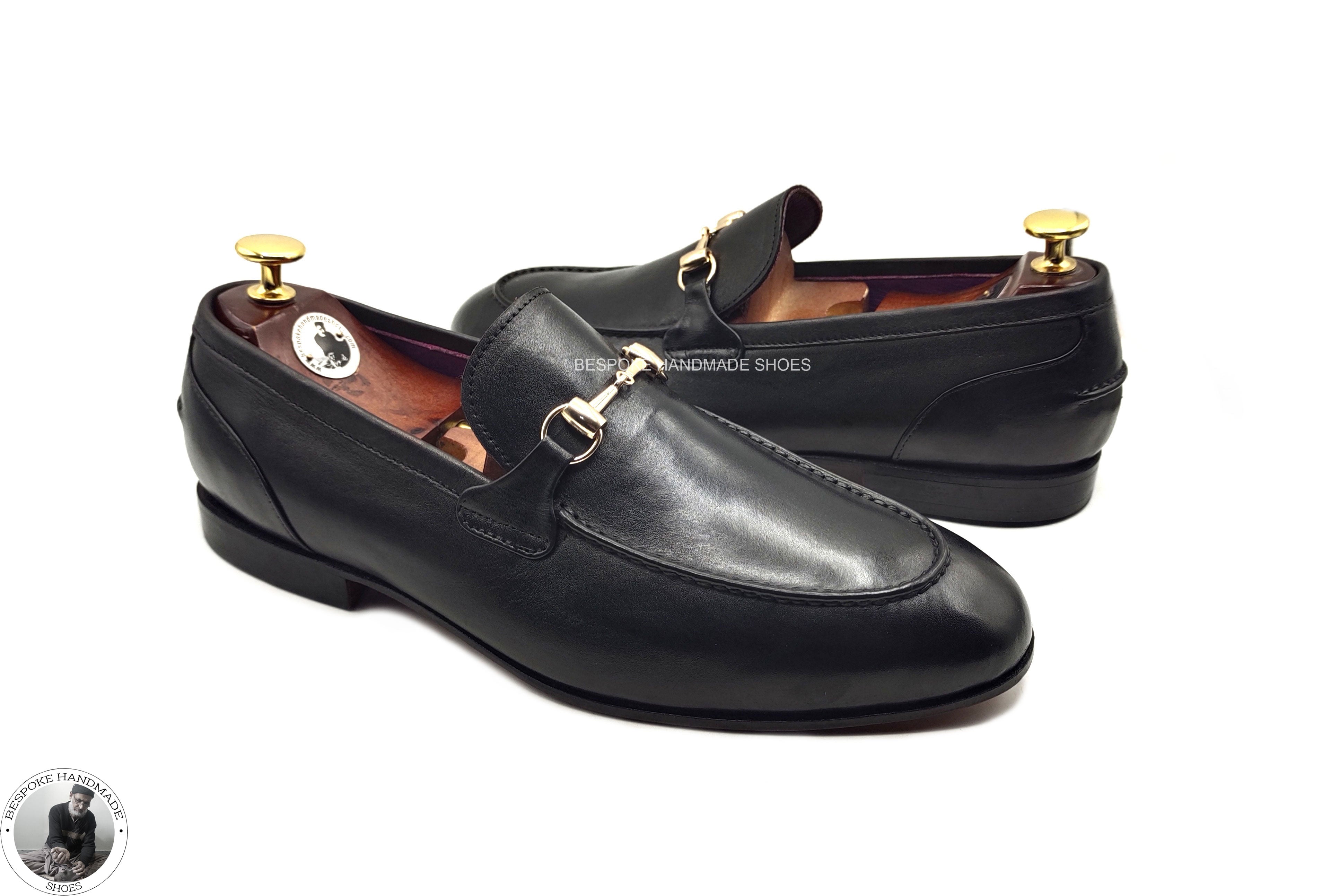 New Men's Handmade, Black Leather Slip on Loafer Moccasian Buckle Dress Shoes