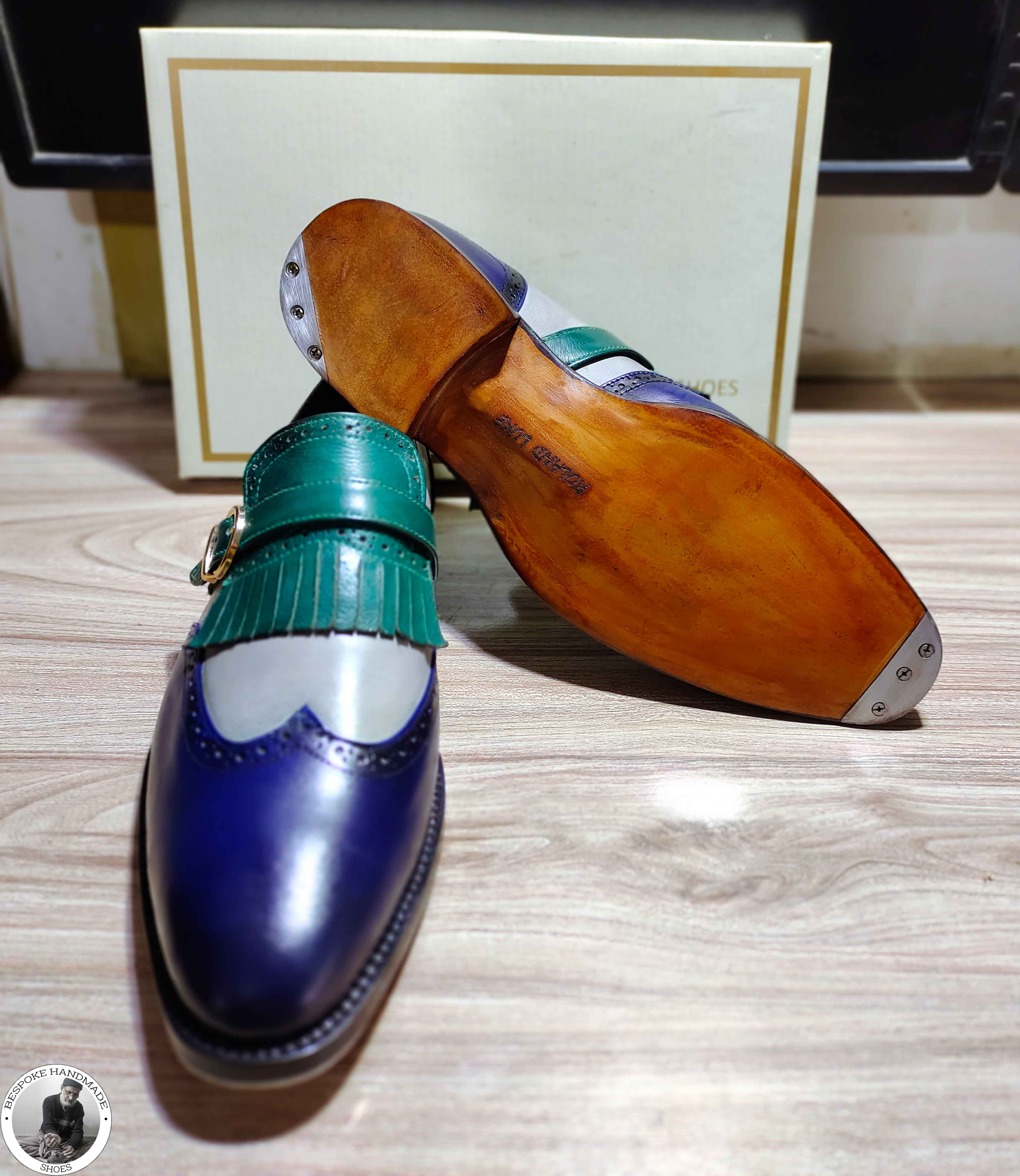 Men's Handmade Three Tone Leather Wingtip , Single Monk Strap Formal Shoe
