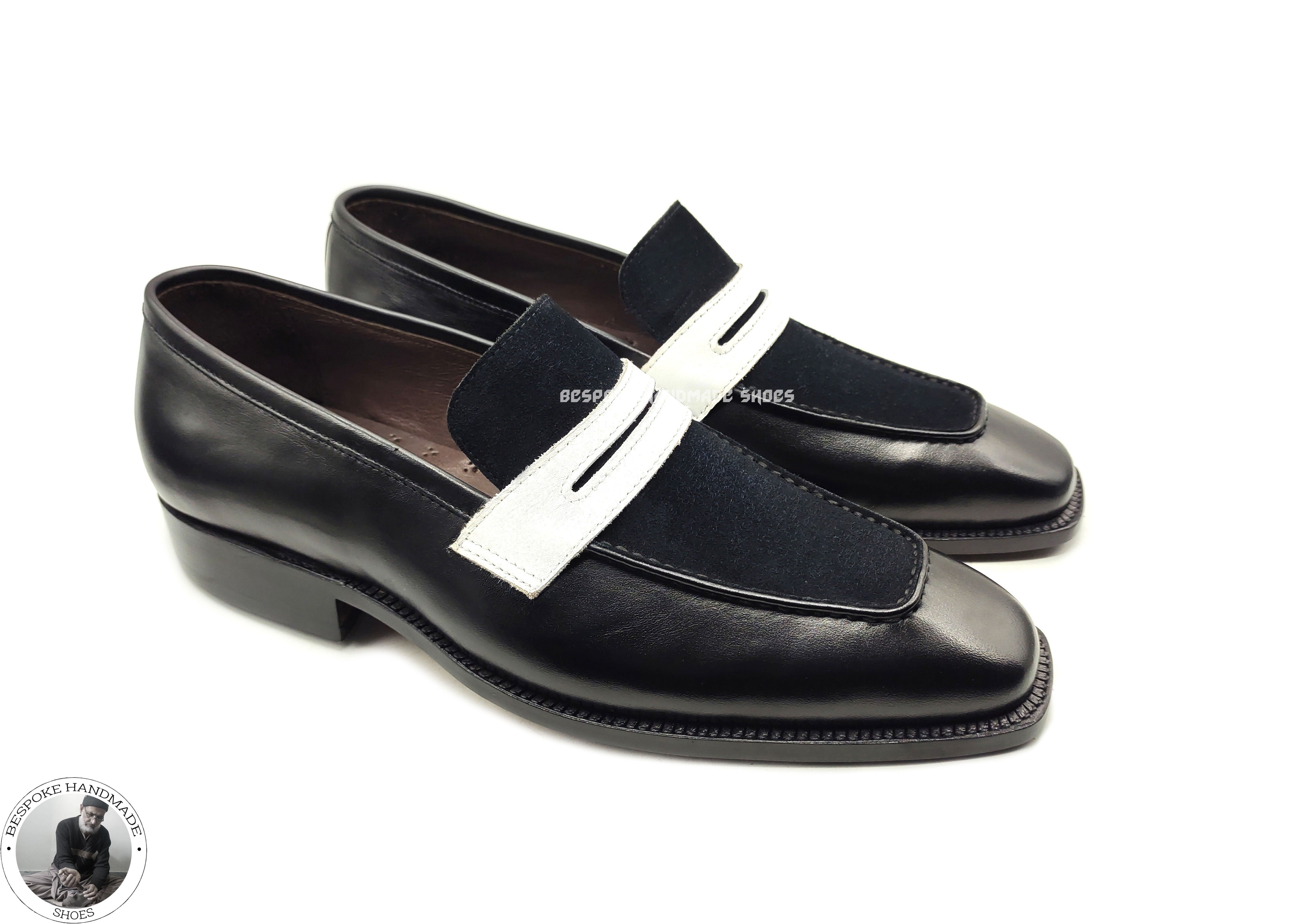 Men's Handcrafted Leather Shoes, Black and White Leather Suede Slip on Casual Shoes