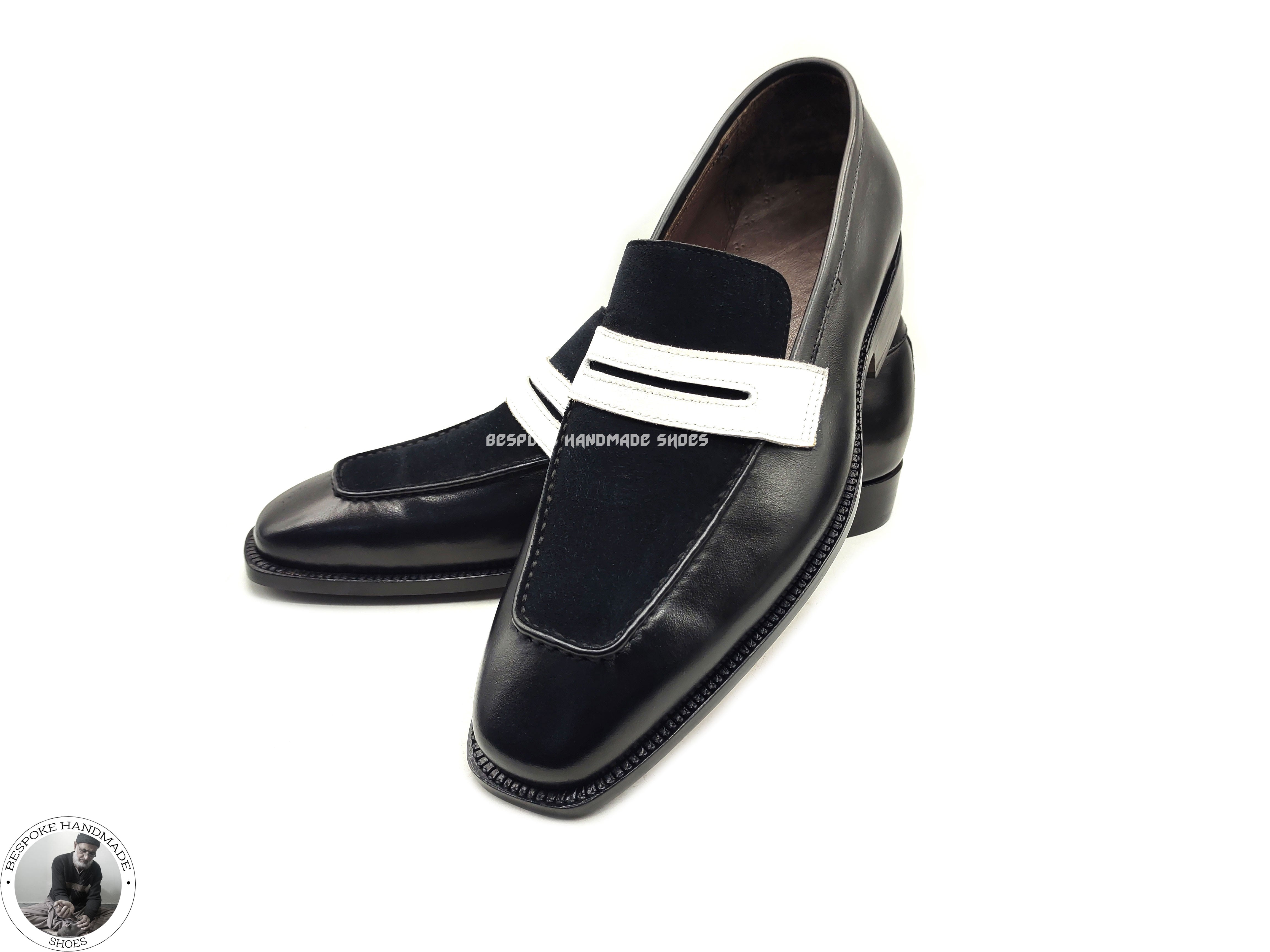 Men's Handcrafted Leather Shoes, Black and White Leather Suede Slip on Casual Shoes