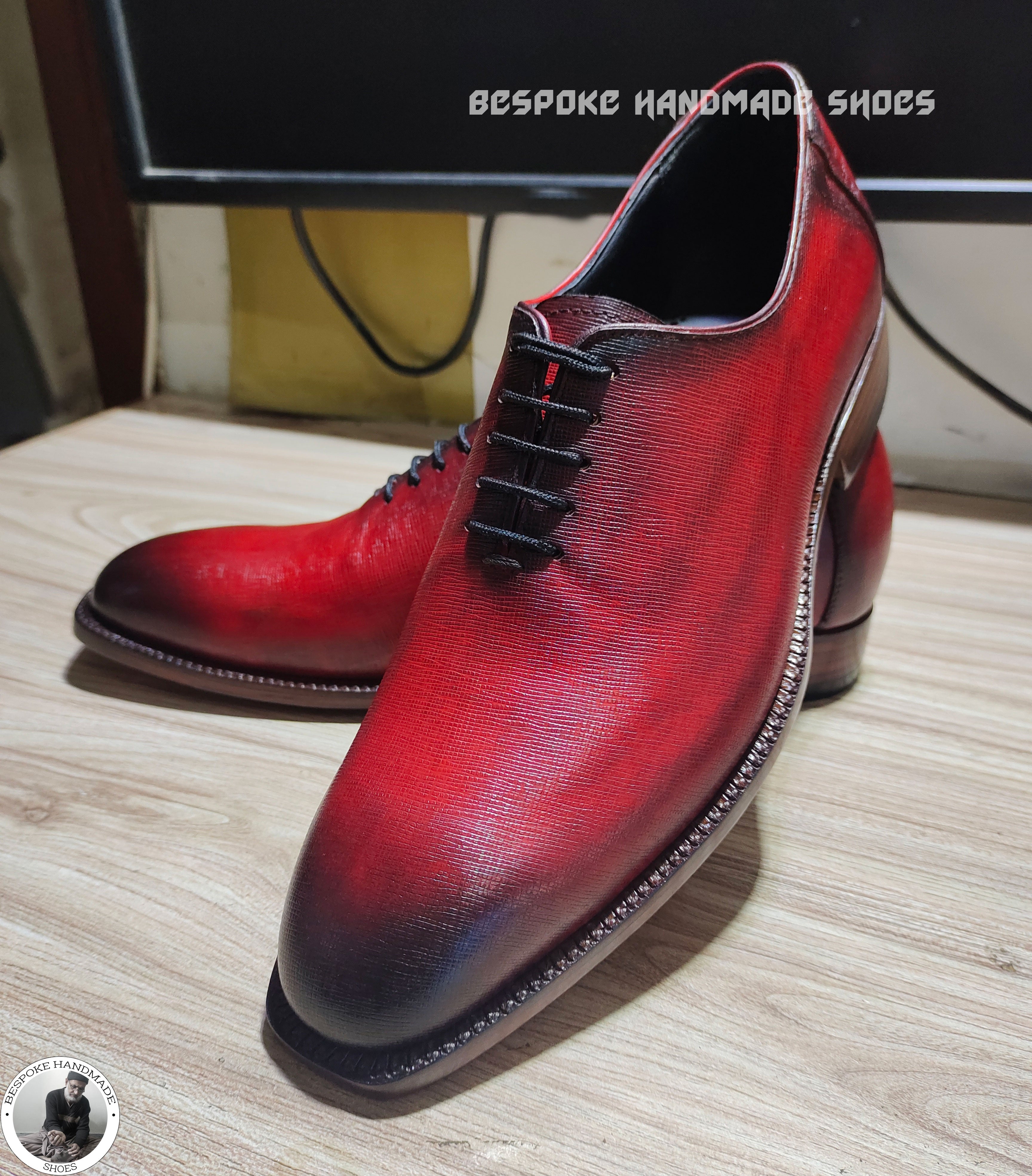 Men's Handmade Shoes, Hand Painted Red Leather Black Shaded Lace up Oxford Dress Shoes