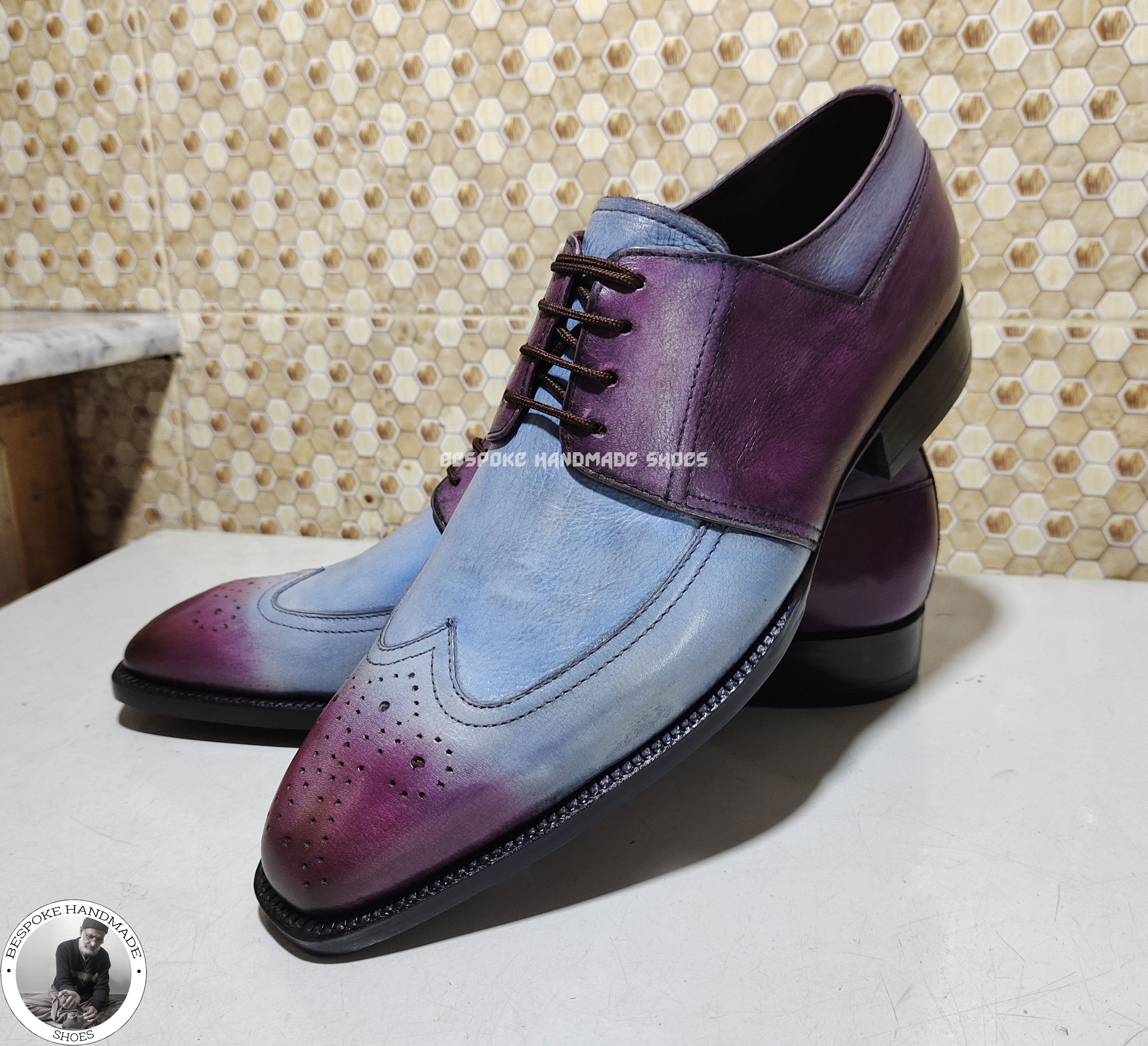 Bespoke Handmade Shoes, Hand Painted Blue & Purple Pure Leather Brogue Derby Formal Shoe