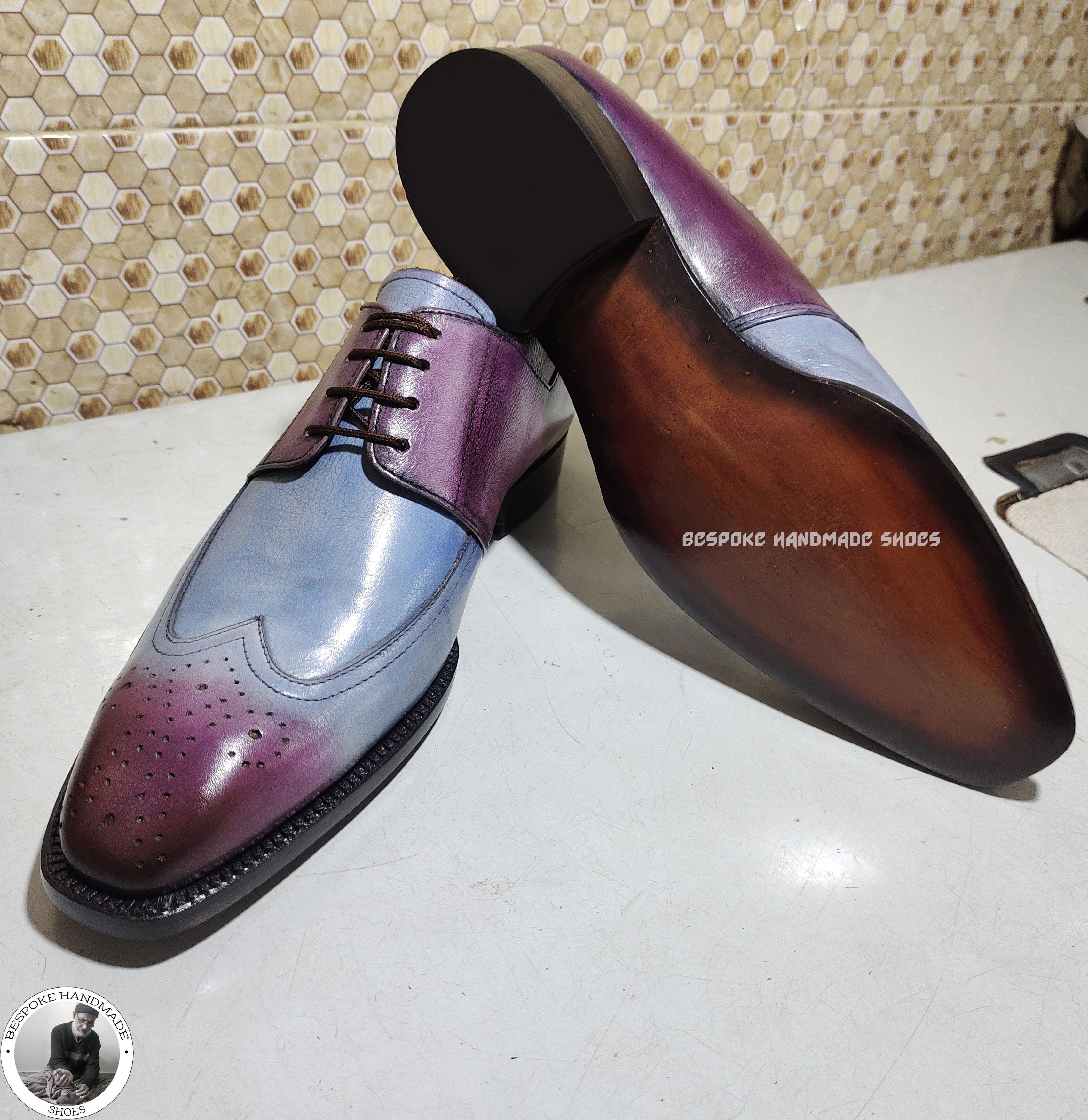 Bespoke Handmade Shoes, Hand Painted Blue & Purple Pure Leather Brogue Derby Formal Shoe