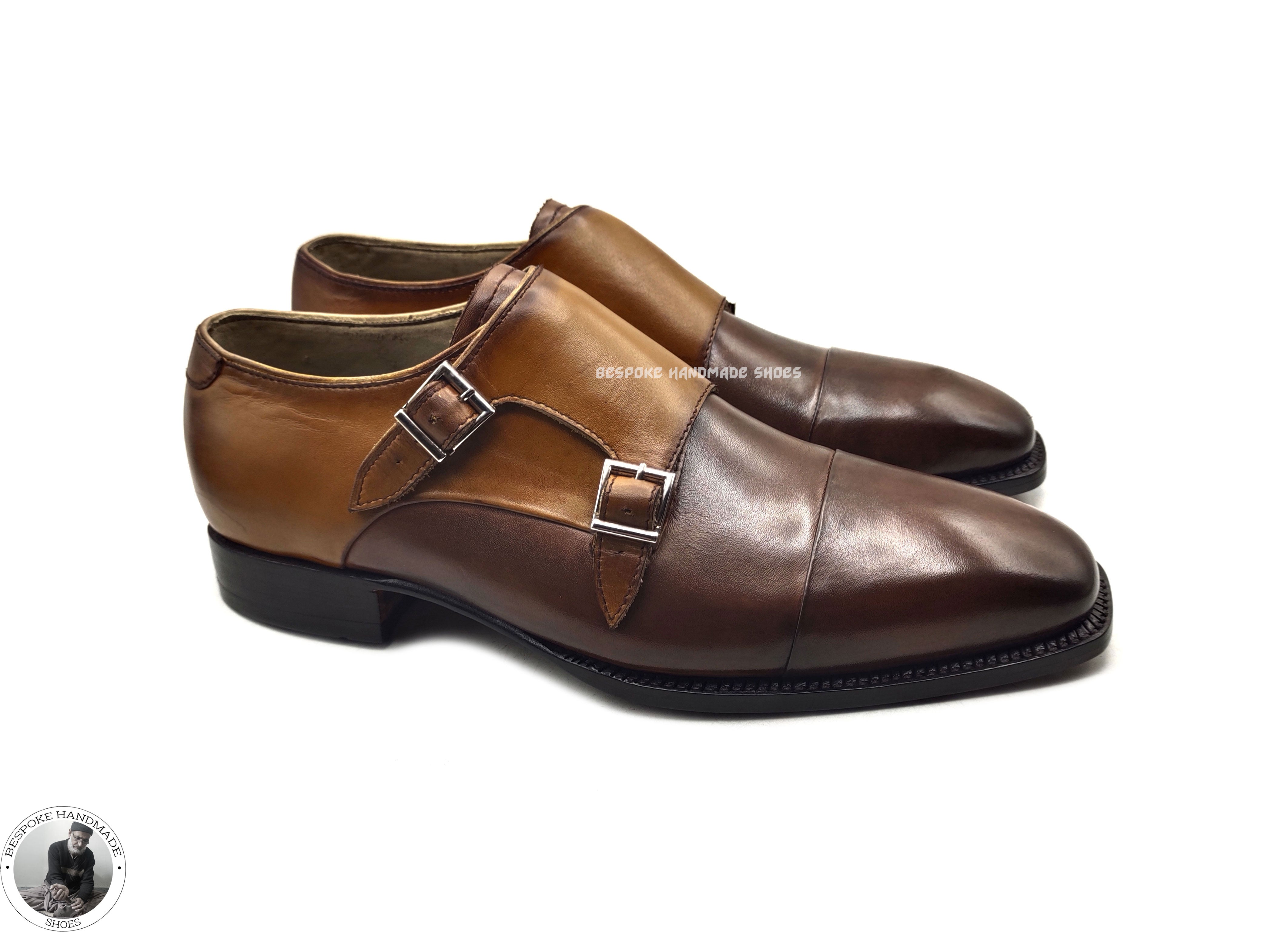 Bespoke Handmade Shoes, Two Tone Chocolate Brown & Tan Leather Double Monk Strap Dress / Formal Shoe