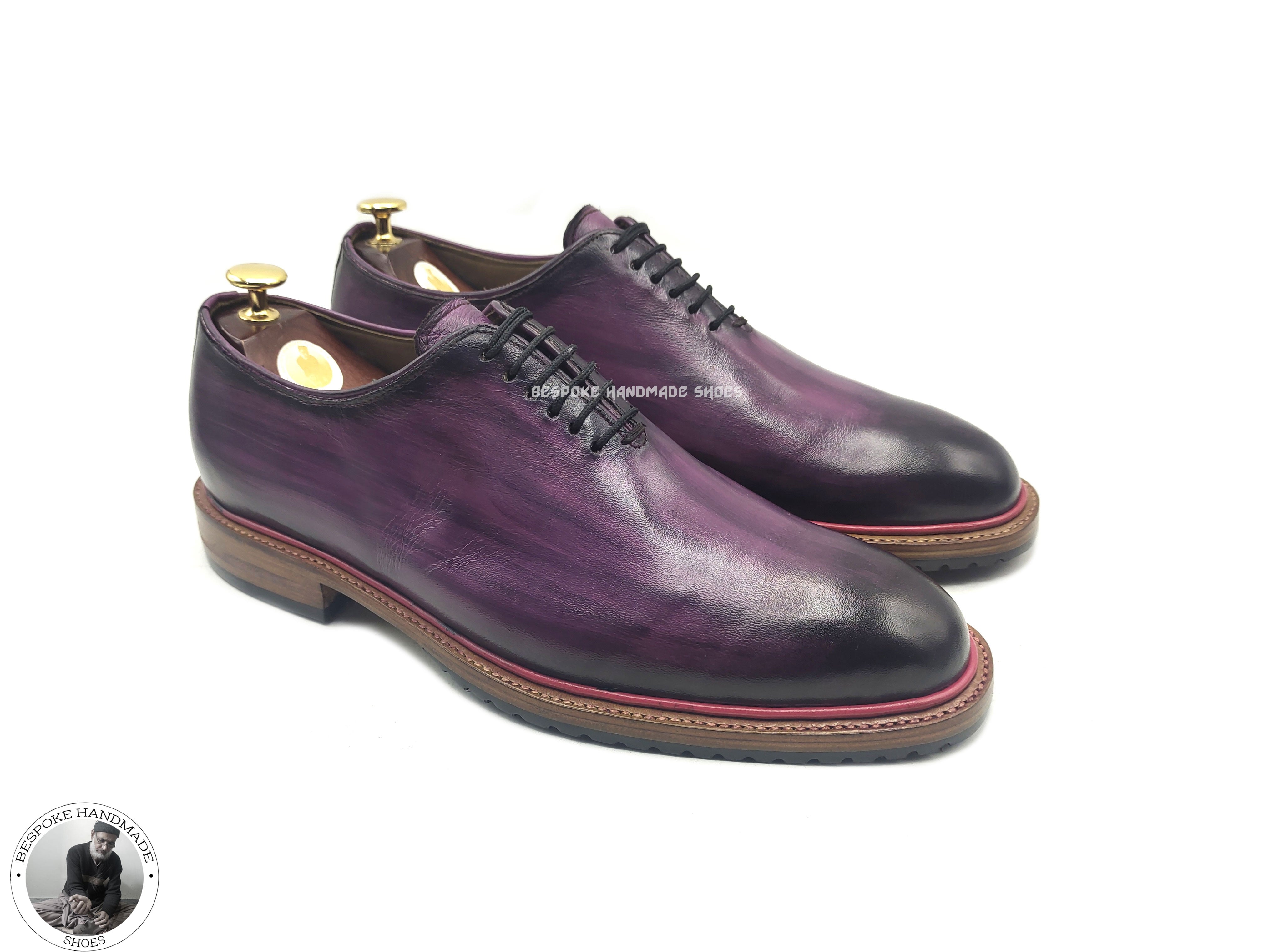 Custom Made Pure Handmade Purple Leather Black Shaded Lace Up Oxford Shoes For Men, Wholecut Shoes For Men's