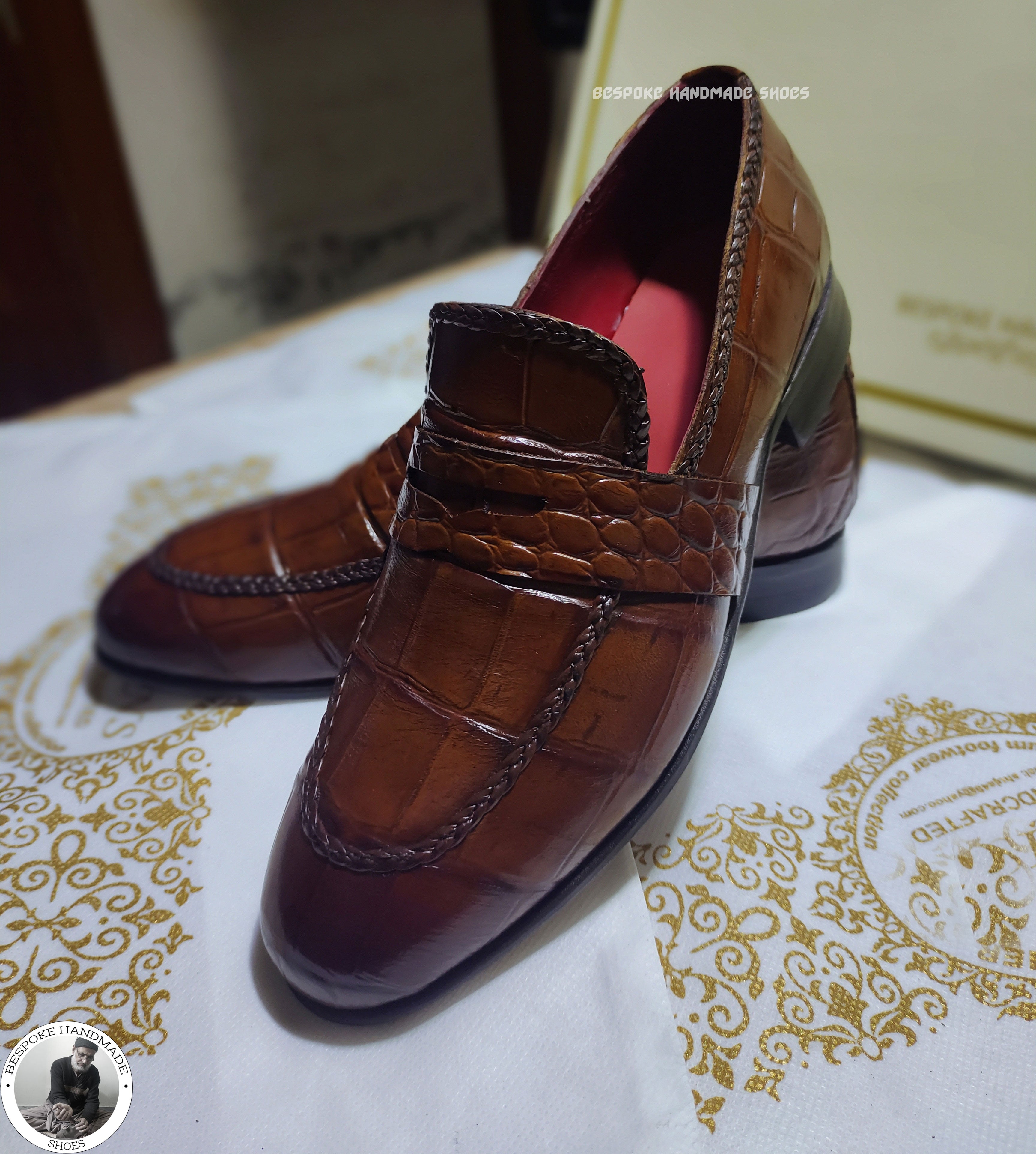 Bespoke Pure Handmade Brown Alligator Leather textured slip on Oxford Shoes For Men, Elegant Shoes For Men