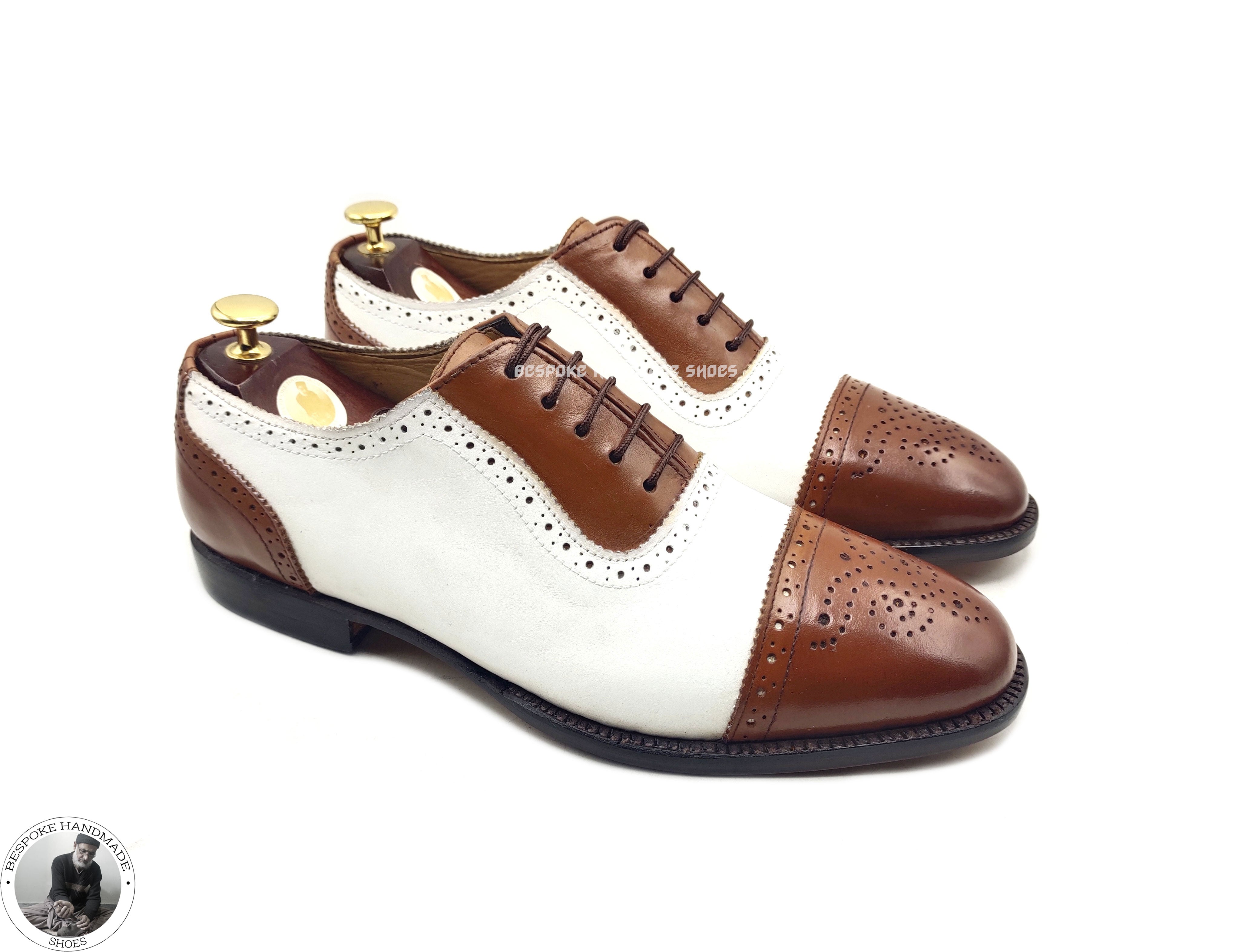 Handcrafted Men's White and Brown Leather Toe cap Brogue Oxford Lace up Formal Shoes