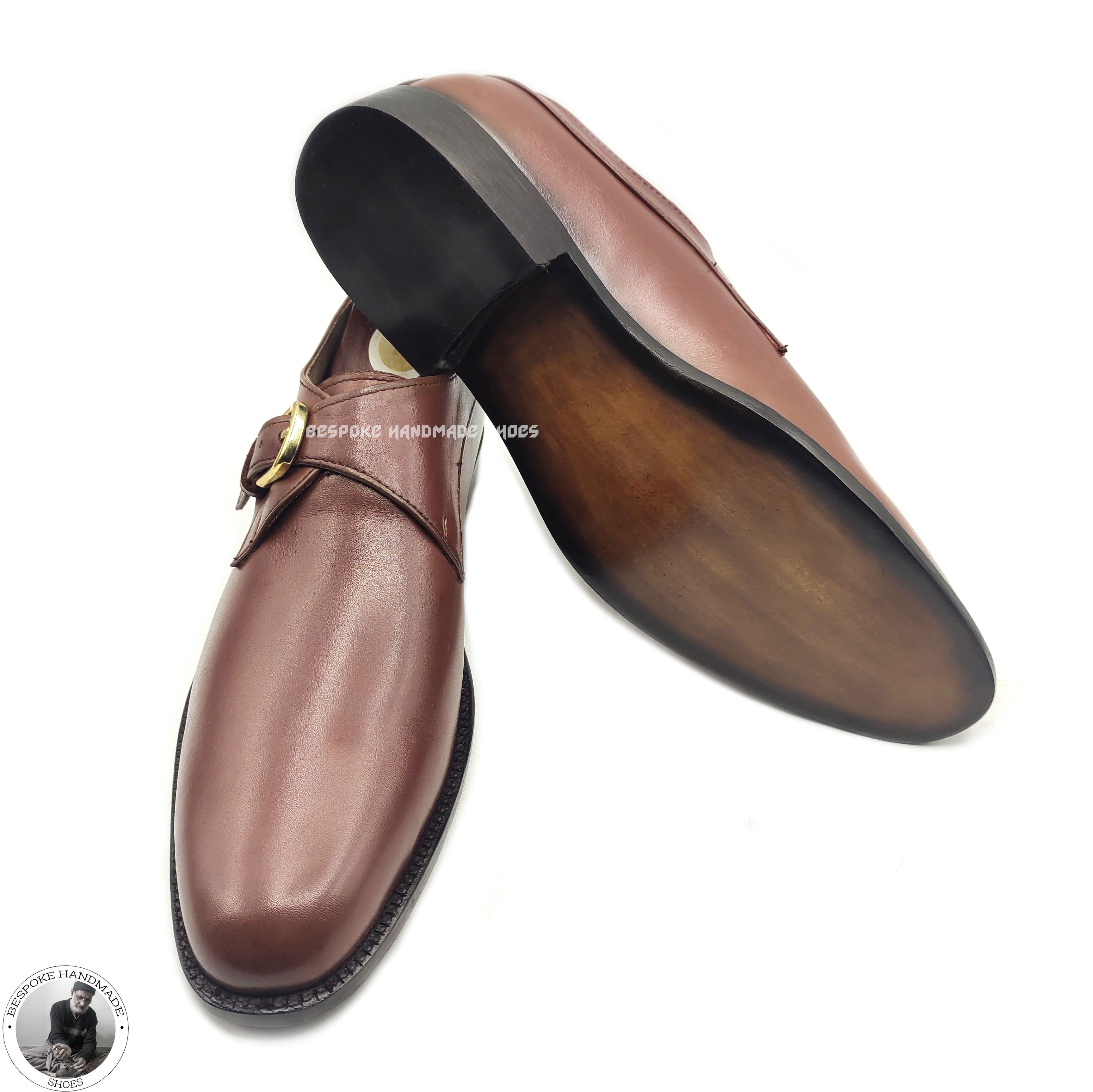 Bespoke Handmade Brown Calf Leather Monk Strap Wholecut Fashion Shoes3