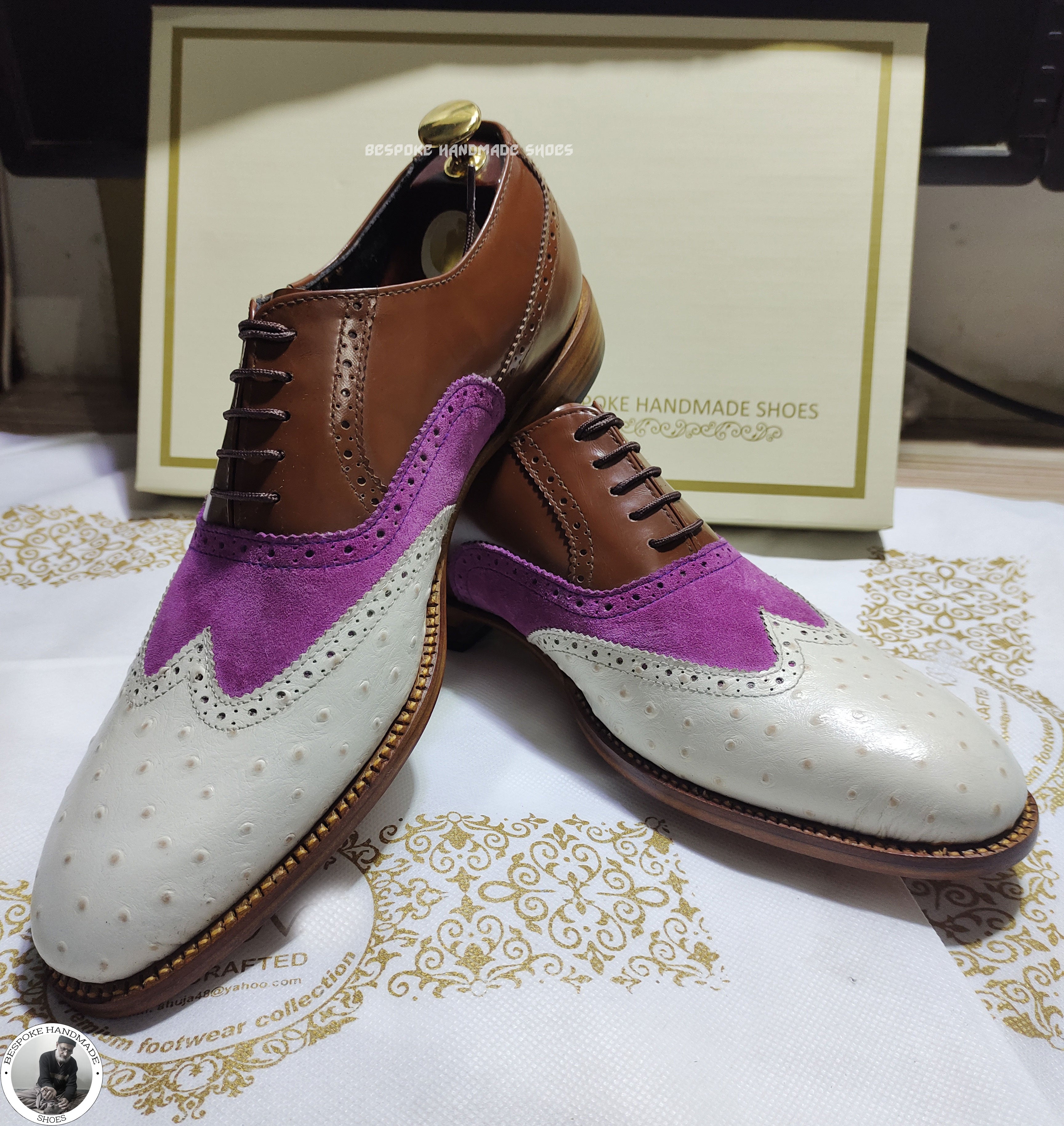 Handmade Men's Three Tone Leather and Suede Wingtip Ostrich Oxford Dress Shoes