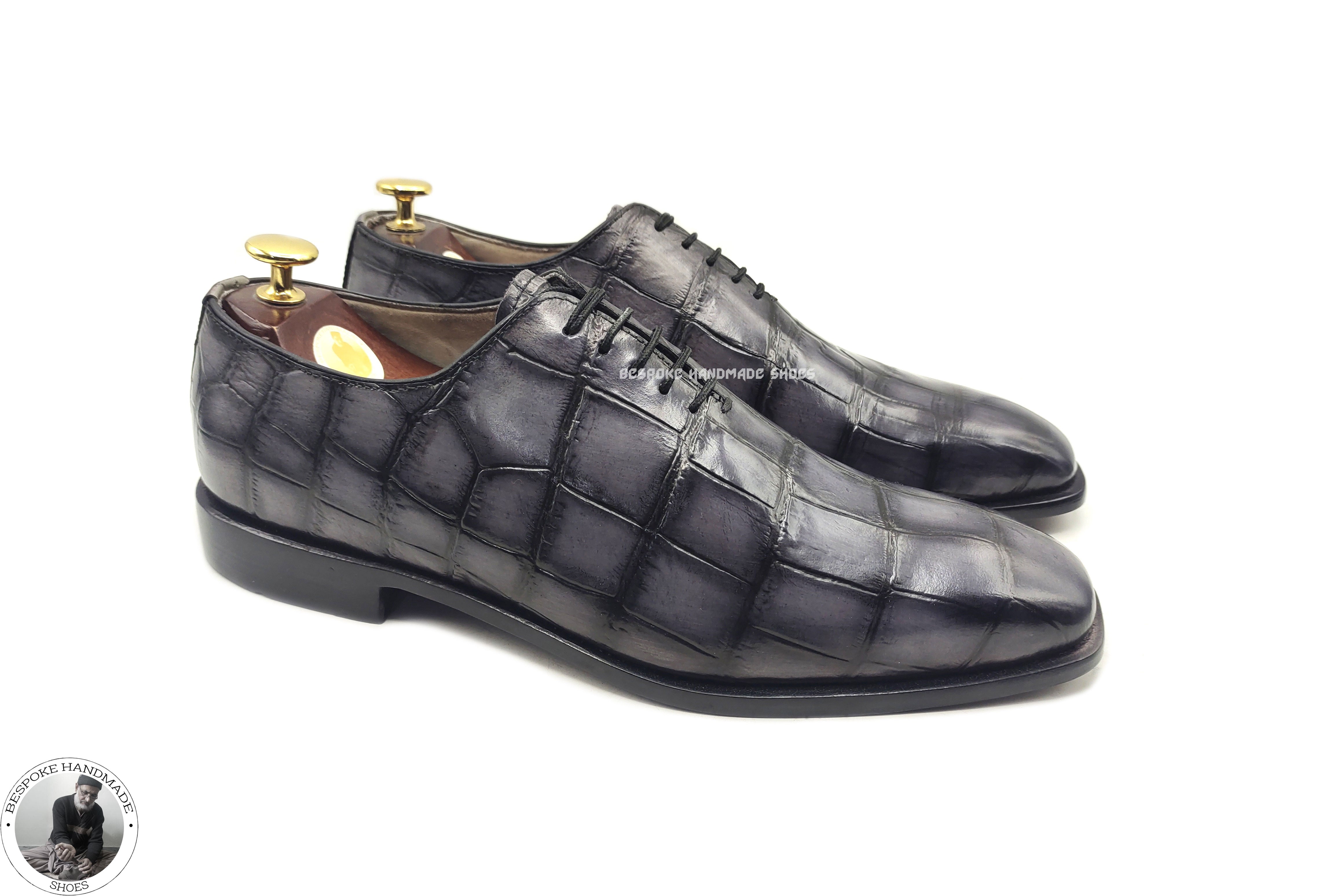 Bespoke Pure Handmade Grey Alligator Leather Black Shaded textured Lace Up Oxford Shoes For Men, Elegant Shoes For Men