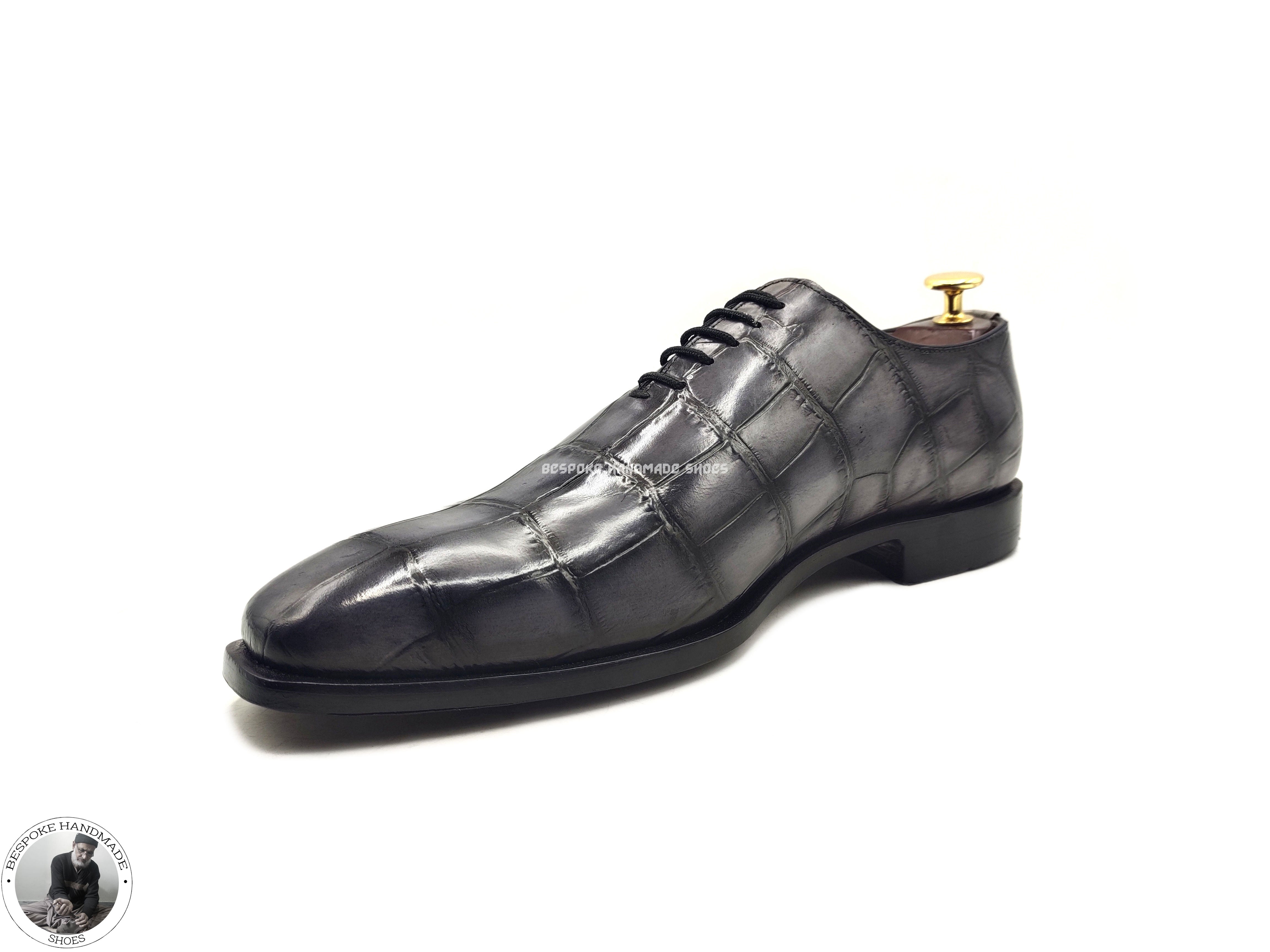 Bespoke Pure Handmade Grey Alligator Leather Black Shaded textured Lace Up Oxford Shoes For Men, Elegant Shoes For Men