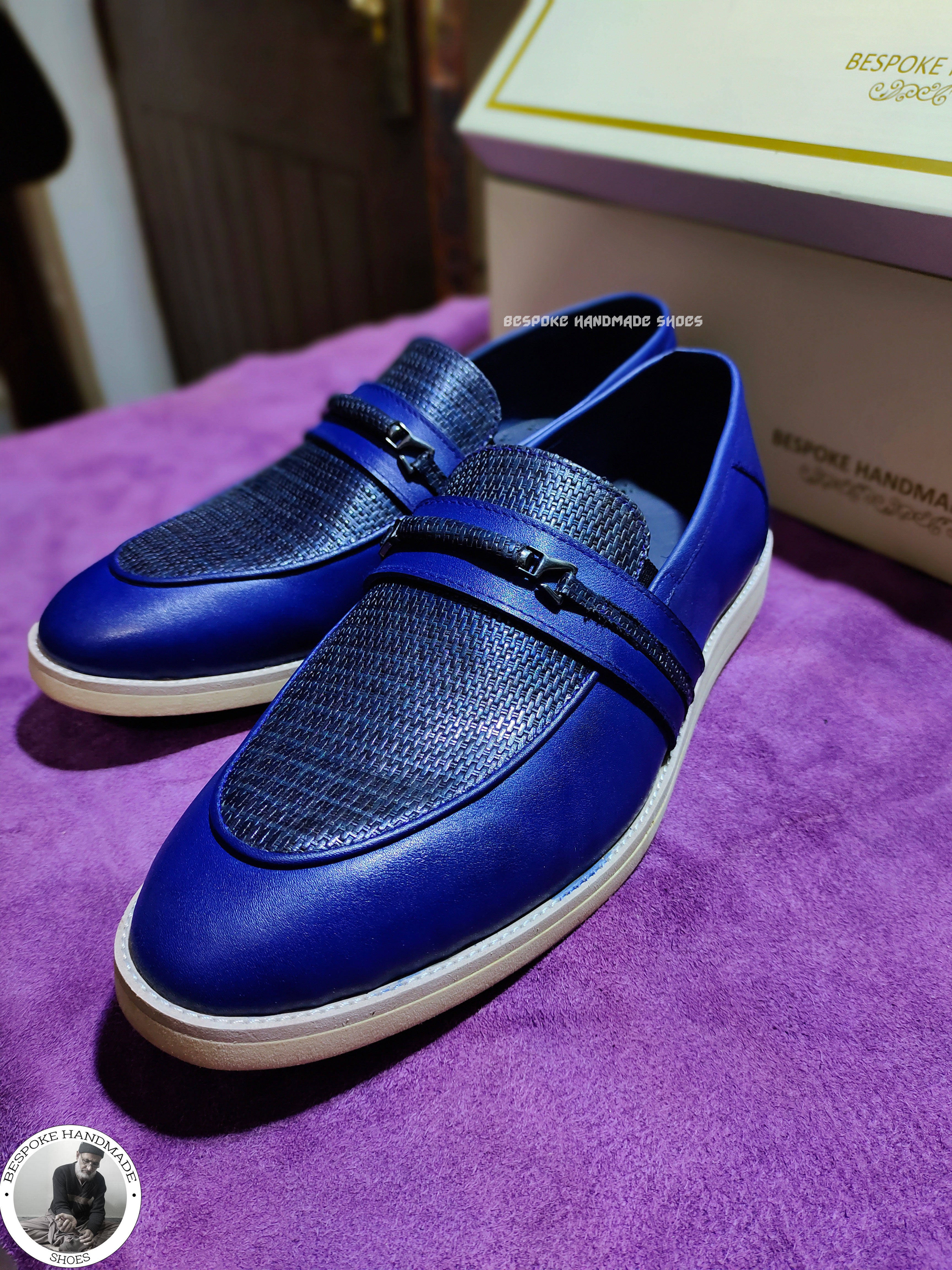 New Handmade Bespoke Hand Painted Blue Leather Slip On Vibram Sole Dress, Formal Shoes