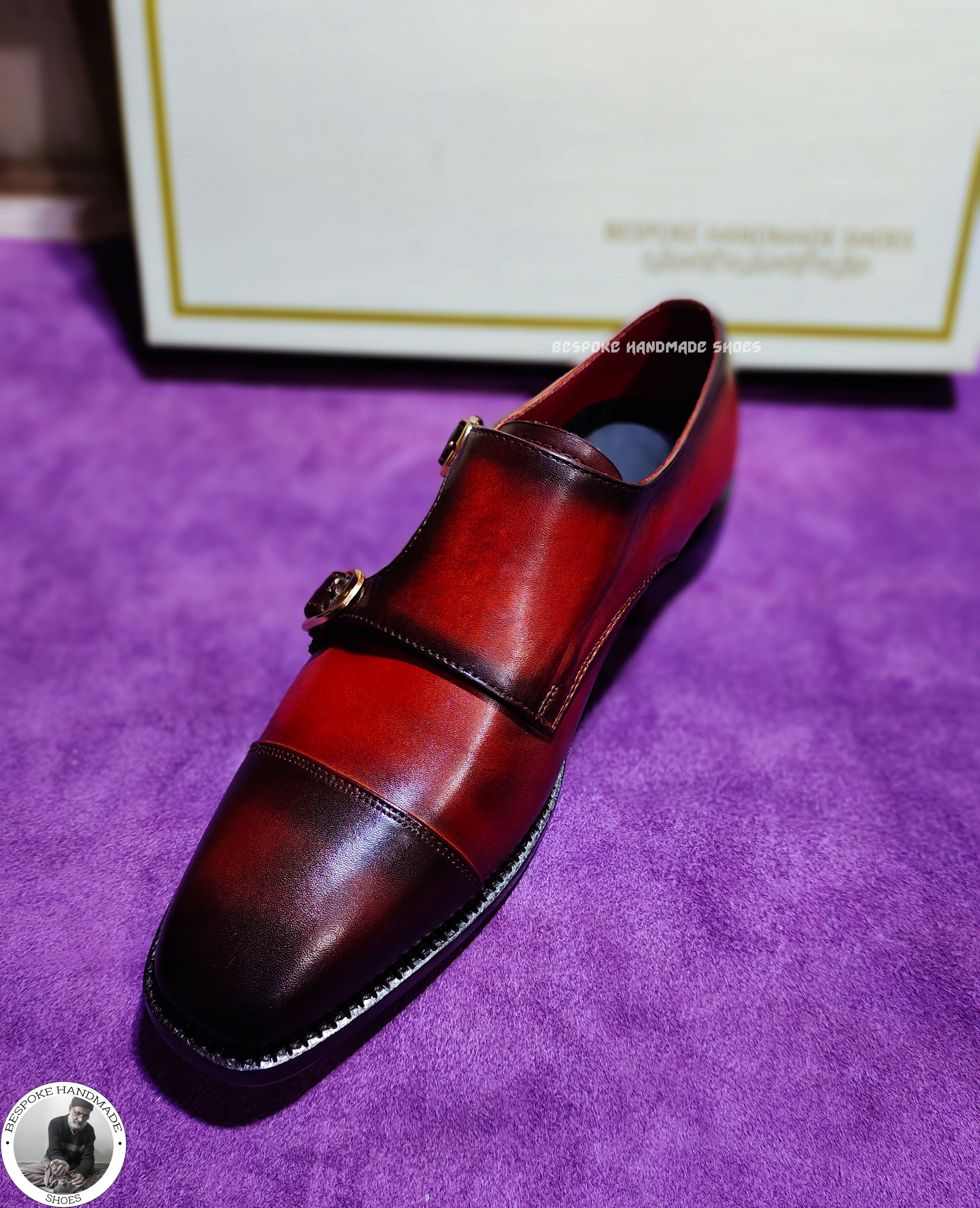 Handmade Genuine Two Tone Leather Monk Strap Toe Cap Dress / Formal Shoe
