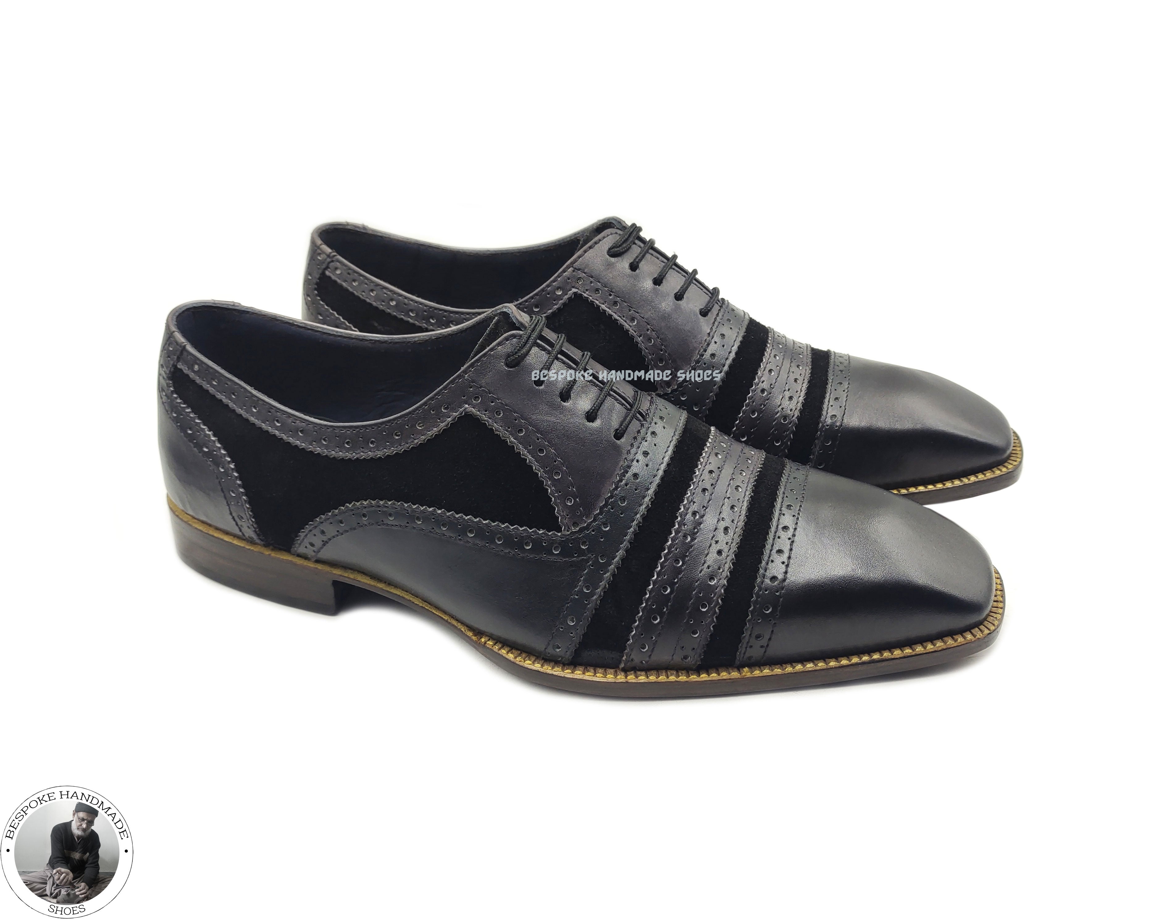 Men's Fashion Grey Leather Black Suede Oxford Lace up Cap Toe Dress Shoe