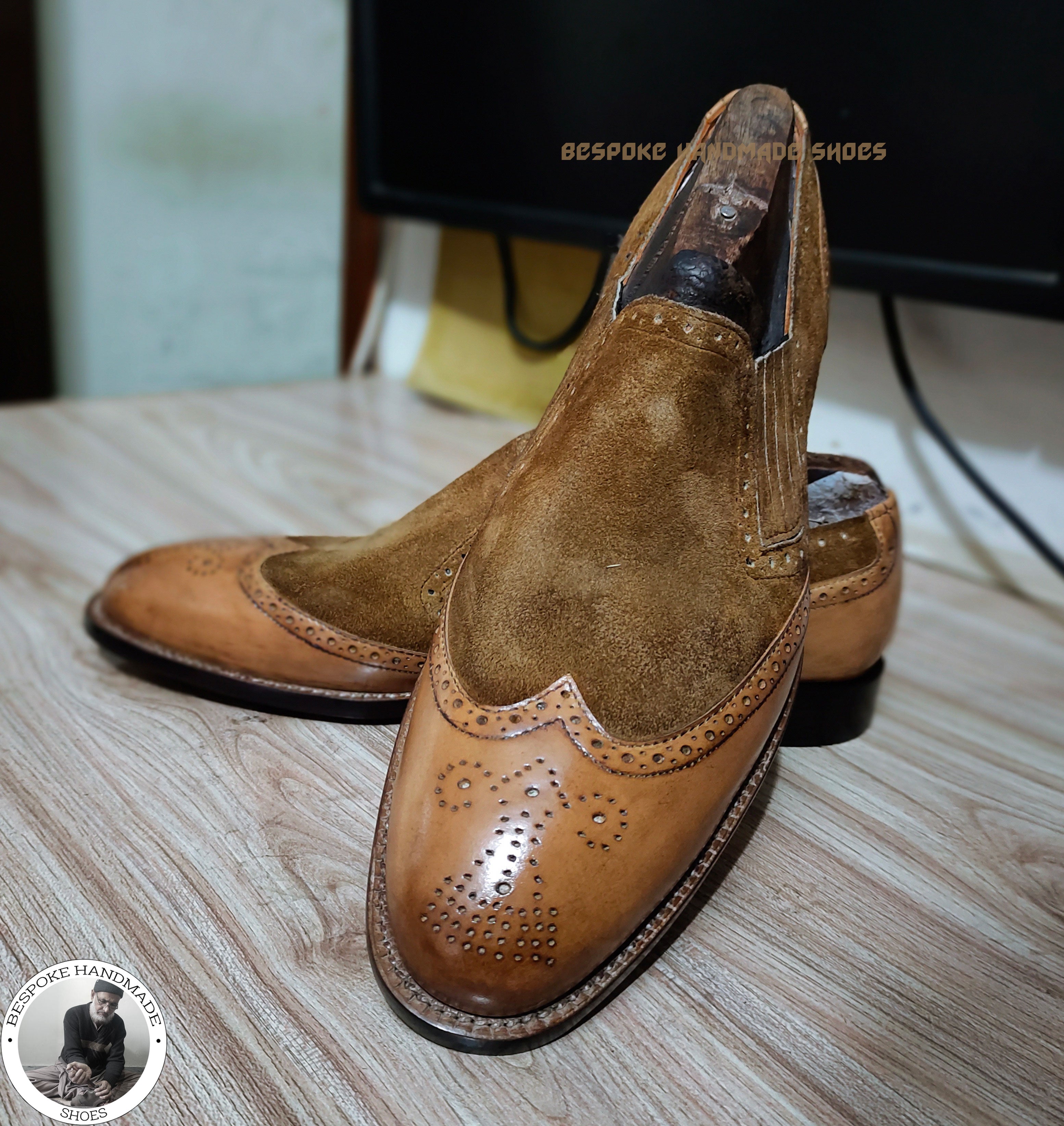 Handmade men Brown Leather and Suede moccasin Slip on Dress Wingtip Brogue Shoes