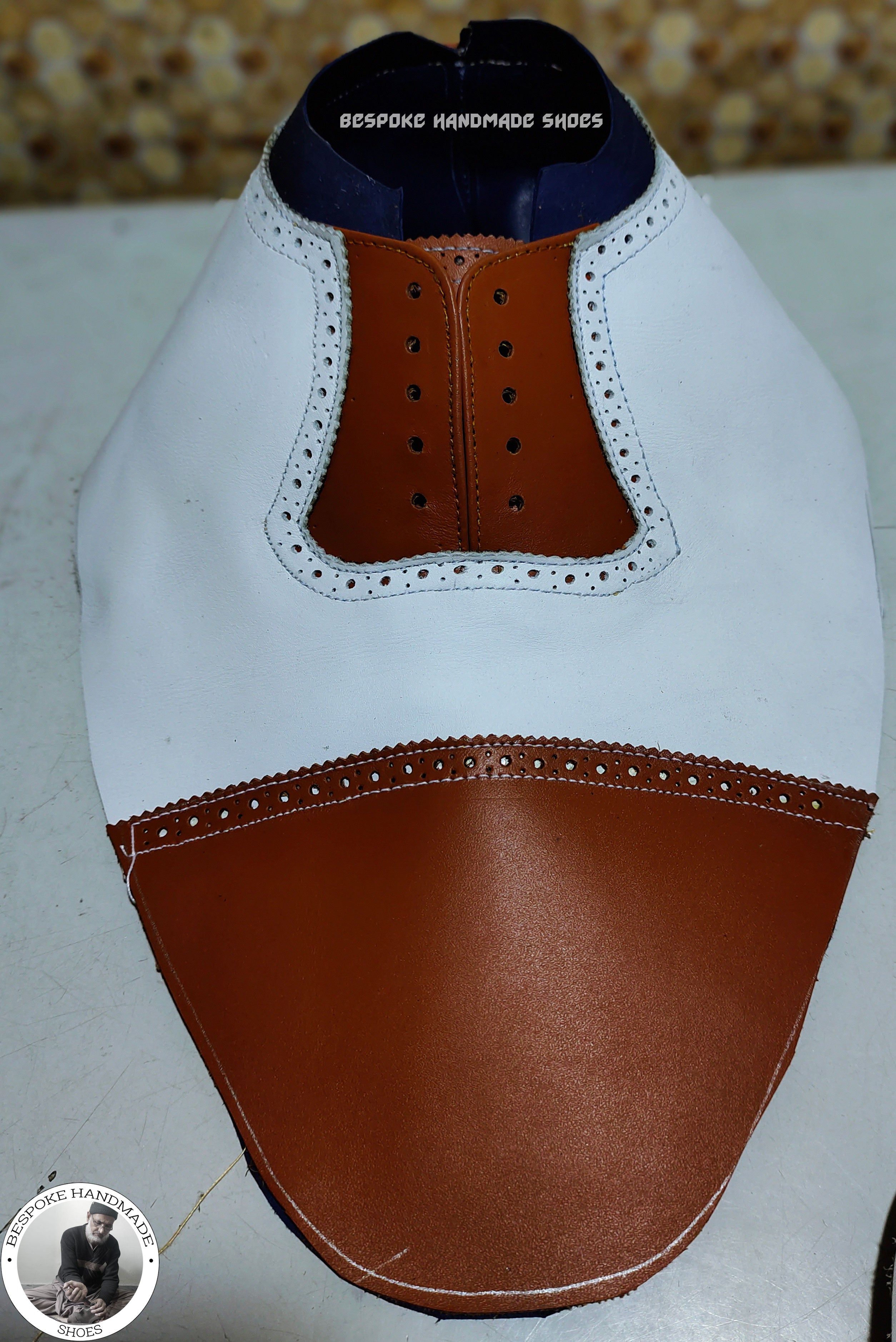 Handcrafted Men's White and Brown Leather Toe cap Brogue Oxford Lace up Formal Shoes