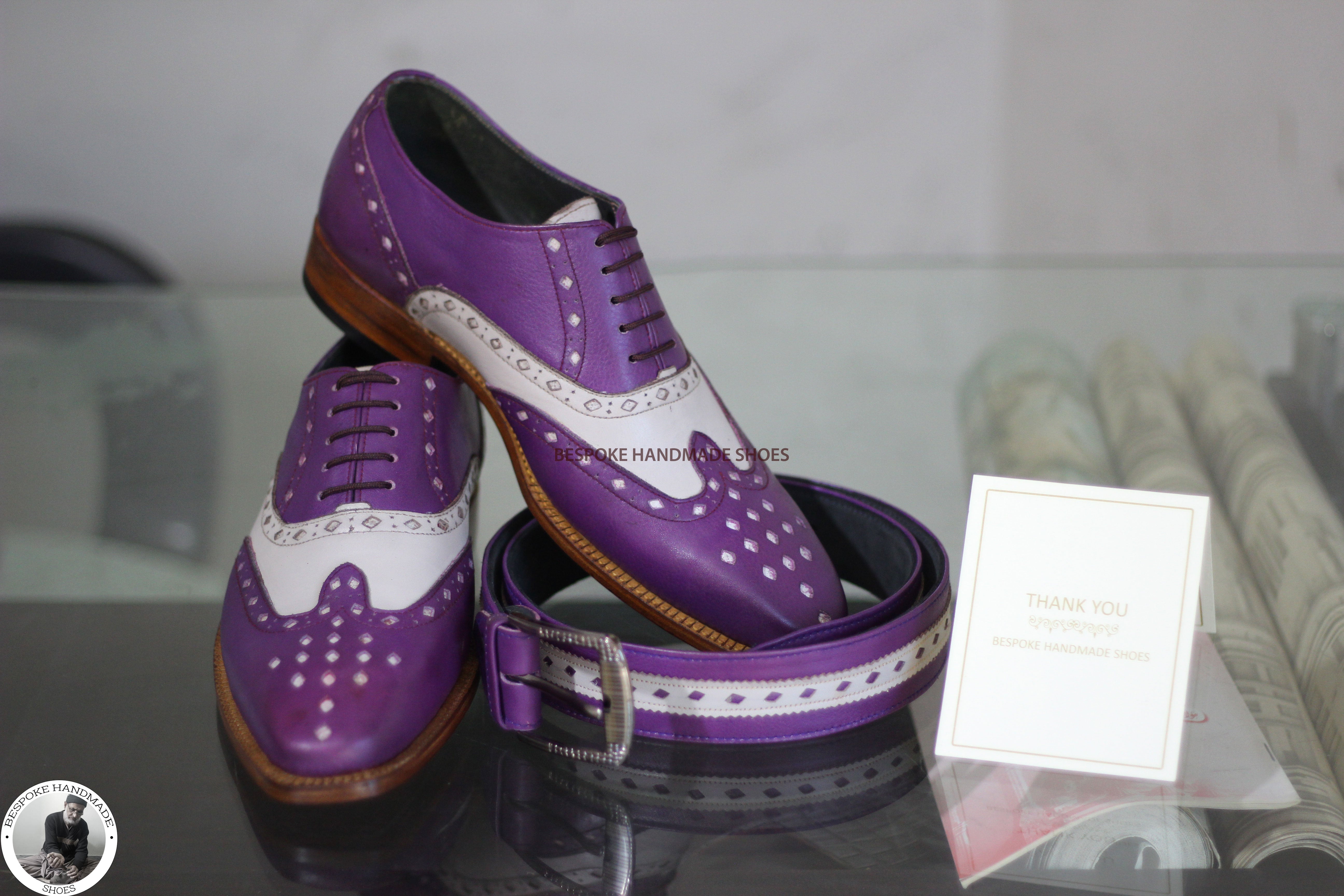 Bespoke Handmade Genuine Purple And White Pure Leather Brogue Wingtip Oxford Lace up Formal Shoes