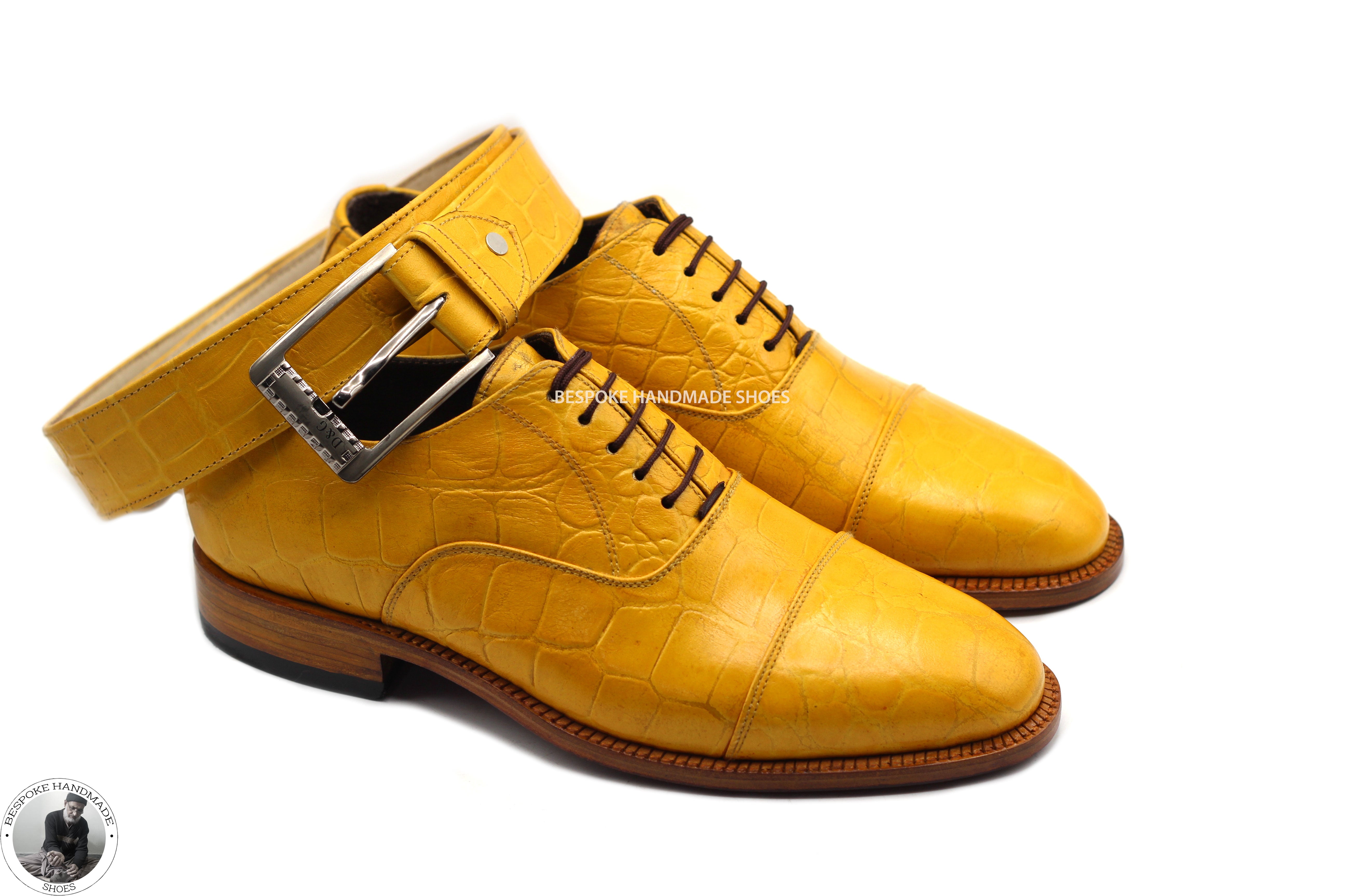 Tailor Made Genuine Crocodile Yellow Leather Toe Cap Oxford Lace up Dress And Formal Shoes