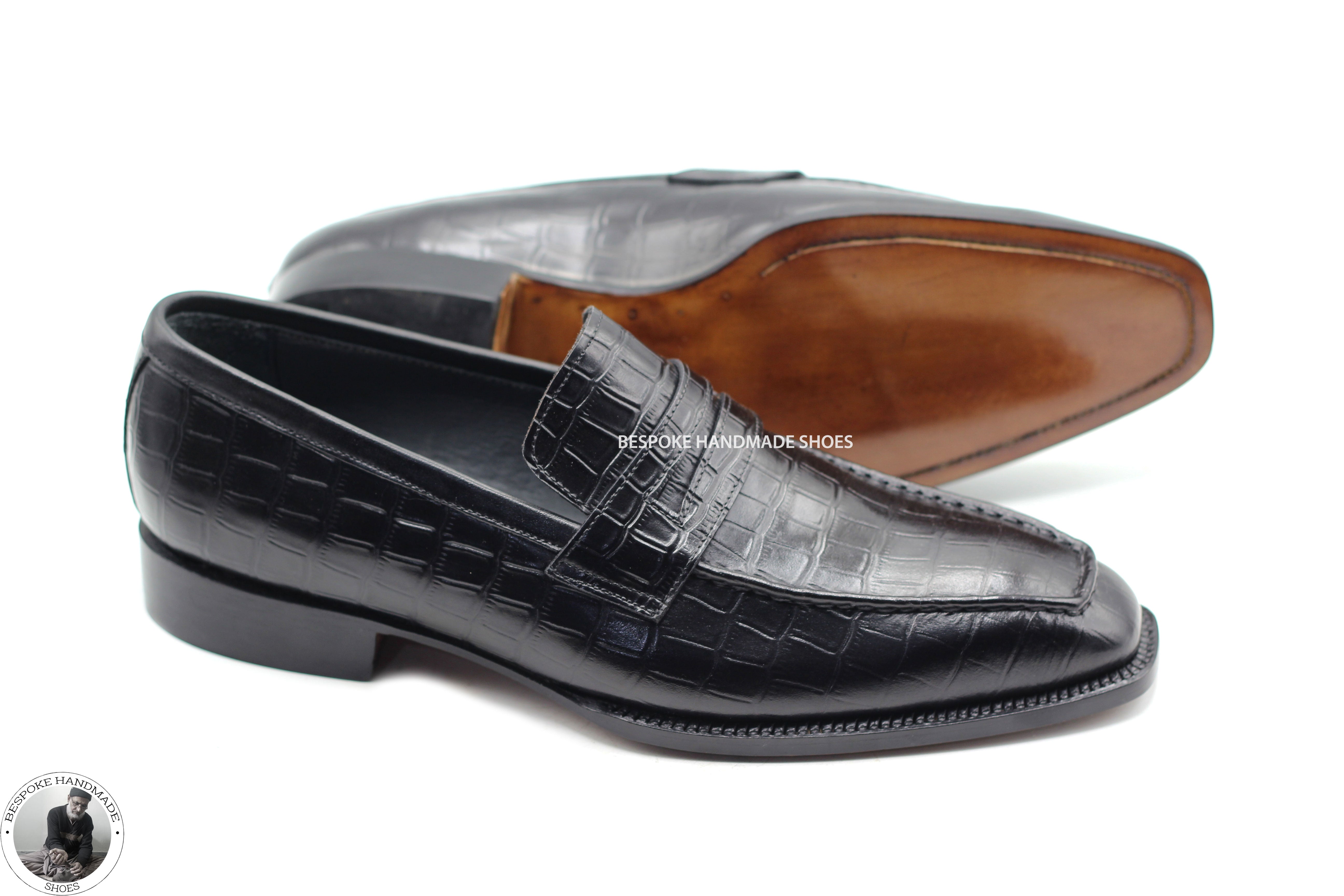 Handcrafted Pure Calf Black Alligator Leather Loafers Style Slip On Moccasin Fashion Shoes For Men's