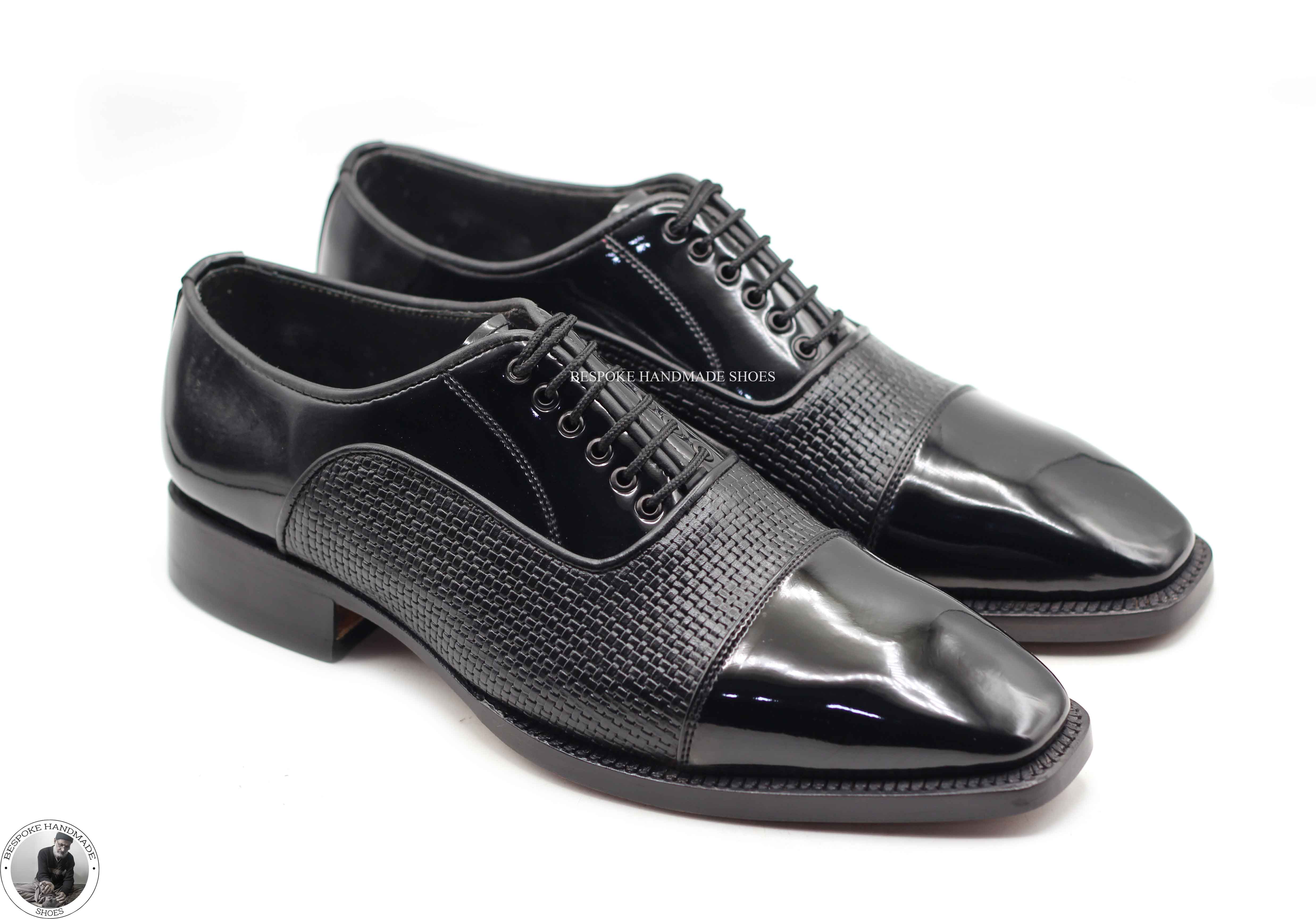 New Men's Handmade Black Leather Animal Print Oxford Toe Cap Patent Dress Shoes For Men's