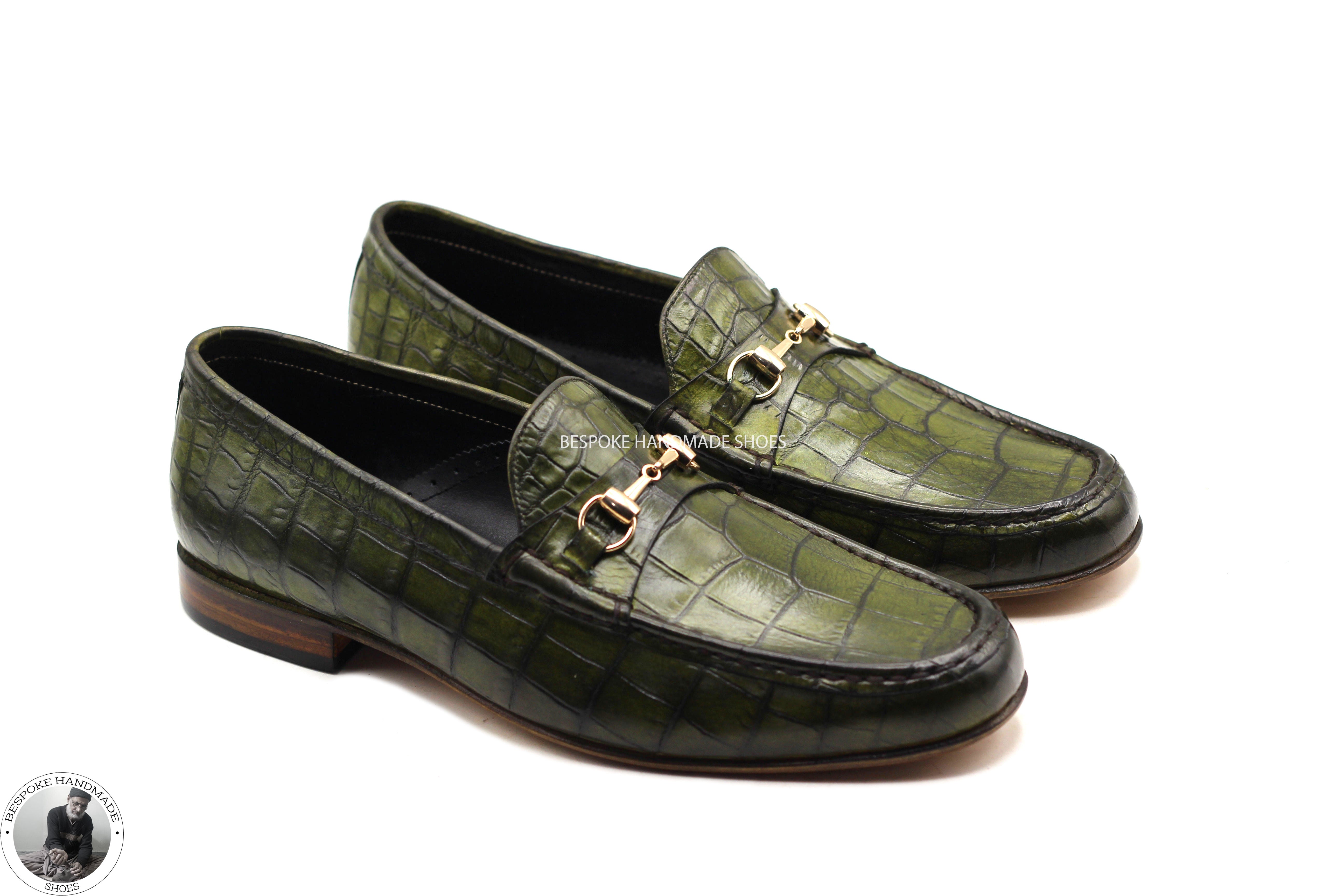 New Handmade Bespoke Genuine Olive Green Leather Slip on Loafers Style Shoes