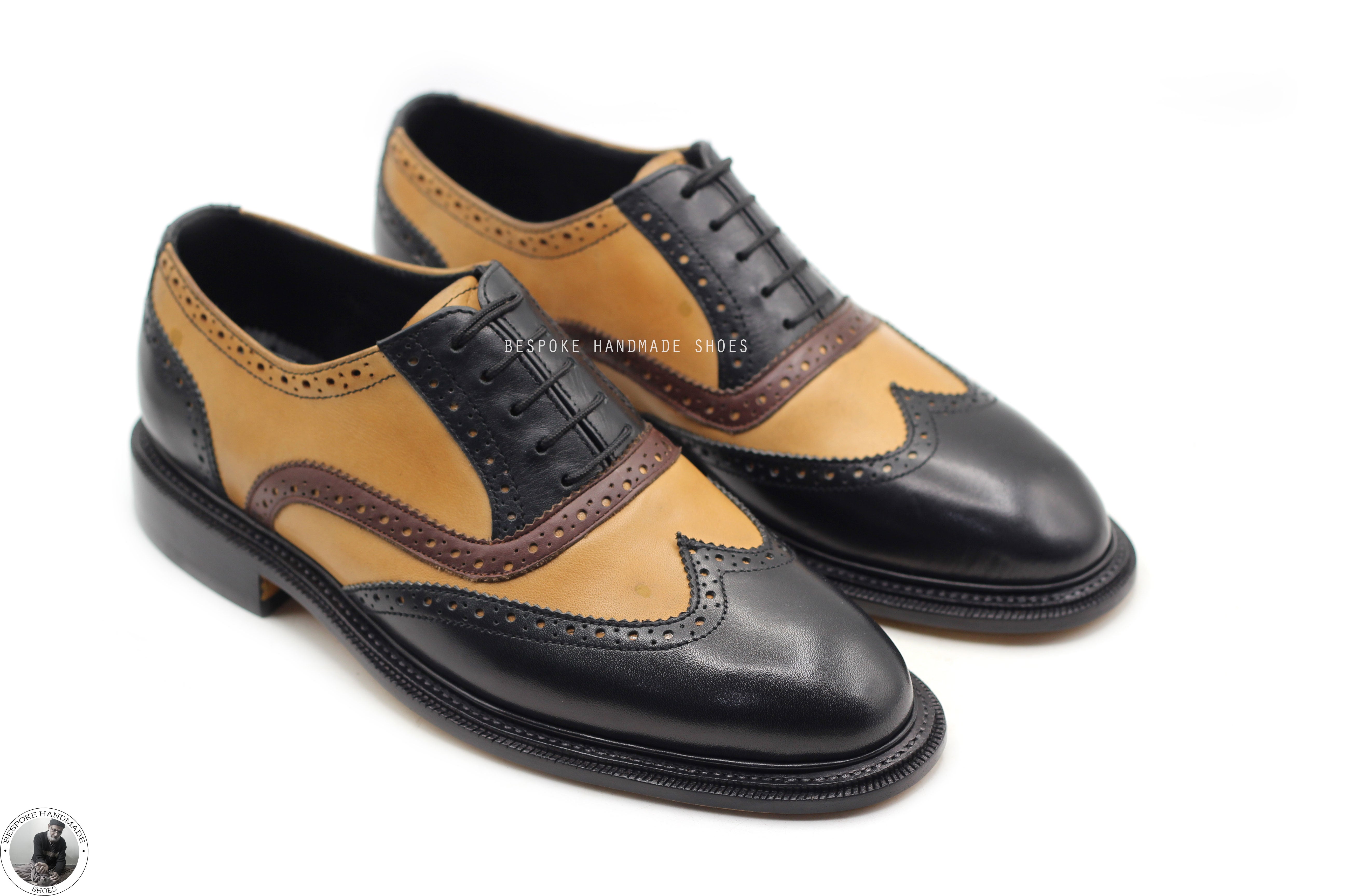 Tailor Made Pure Black & Yellow Leather Oxford Wingtip Lace Up Dress,Formal Men's Shoes