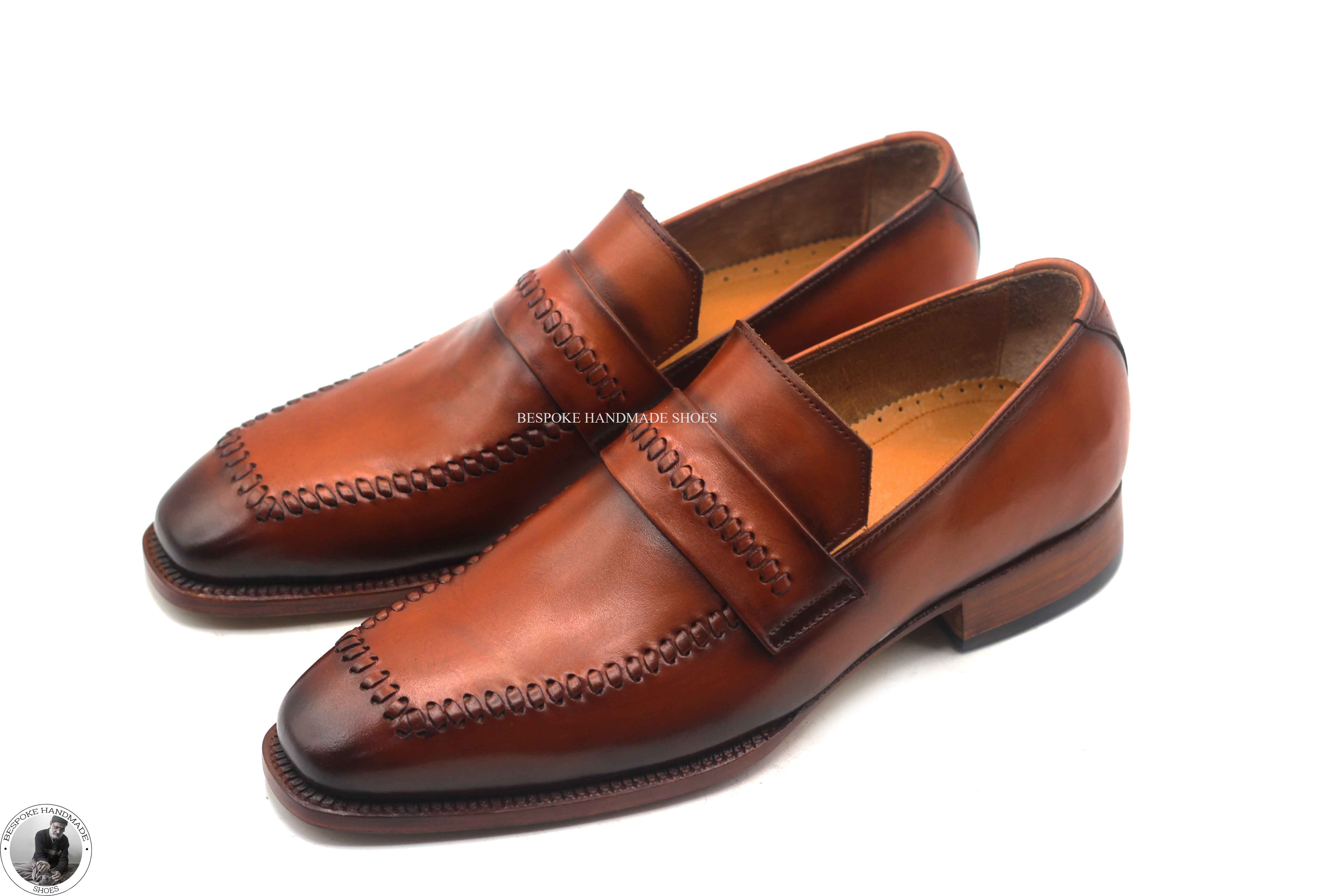 Copy of Bespoke Men's Handmade Brown Leather Shaded Toe Leather Slip On Loafer Casual Men's Shoes