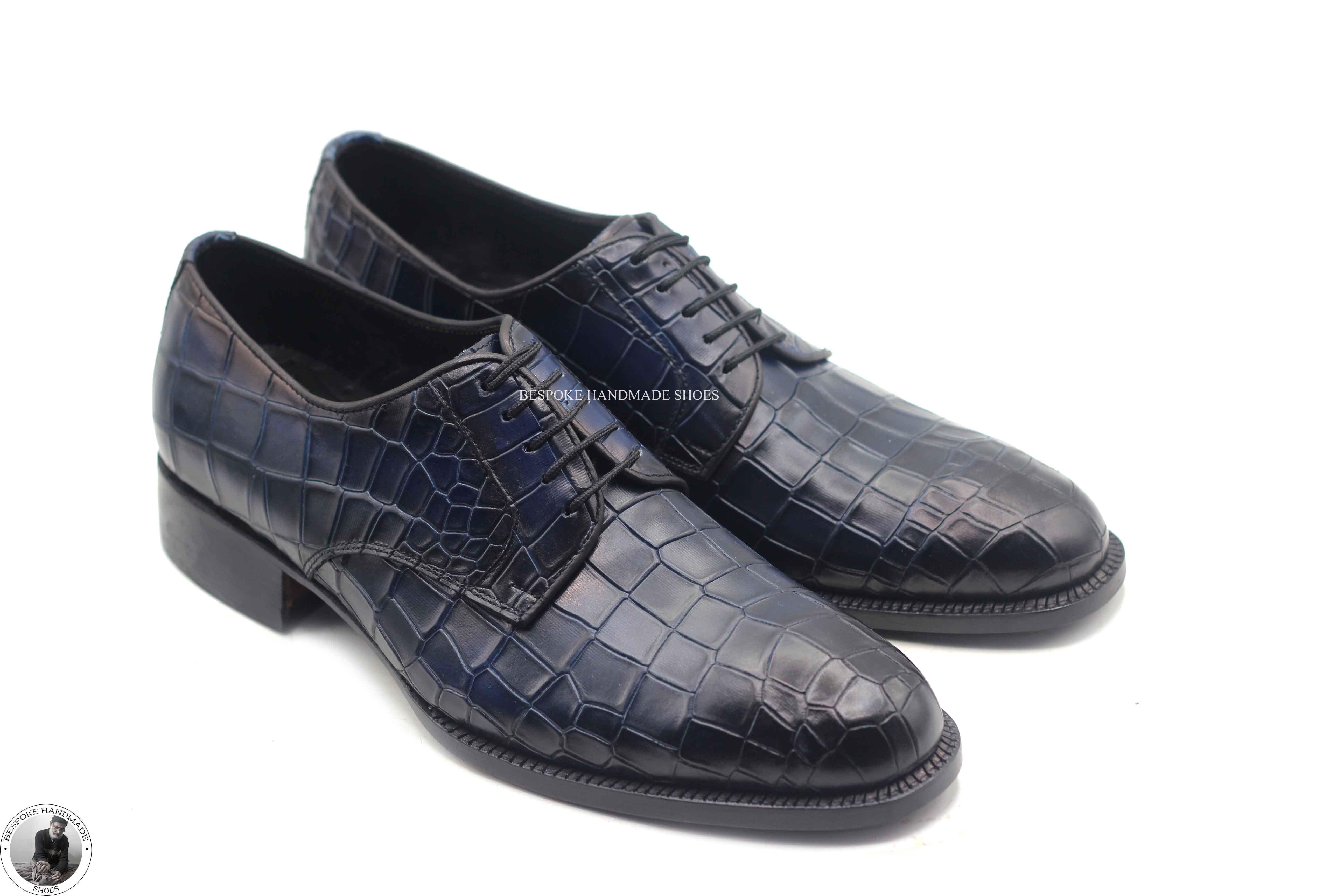 Bespoke Men's Handmade Blue Leather Black Shaded Derby Lace Up Top Fashion Men's Shoes