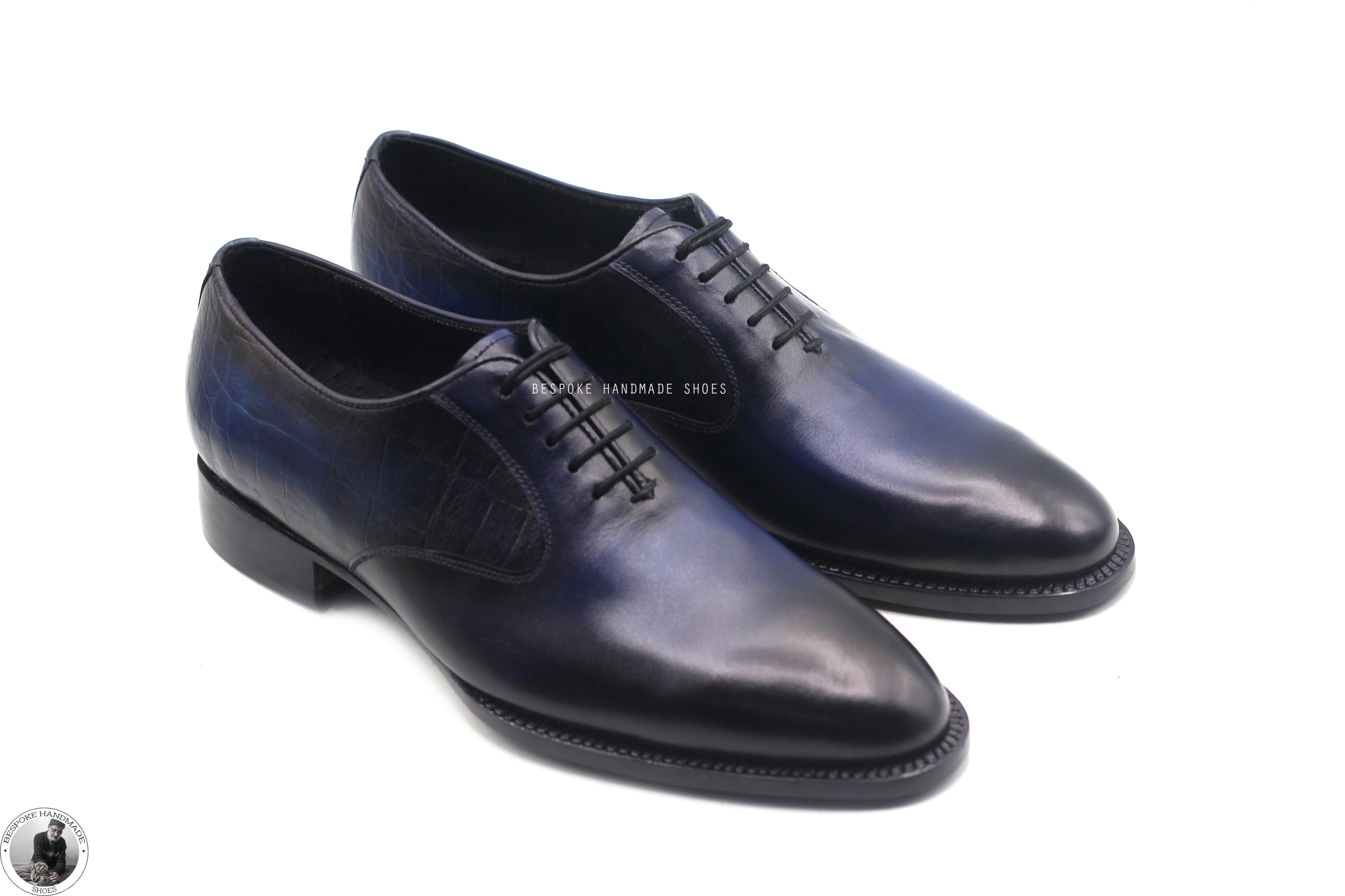 New Men's Handmade Two Tone Blue Leather, Black Shaded Lace Up Oxford Whole Cut Party Shoes Men's