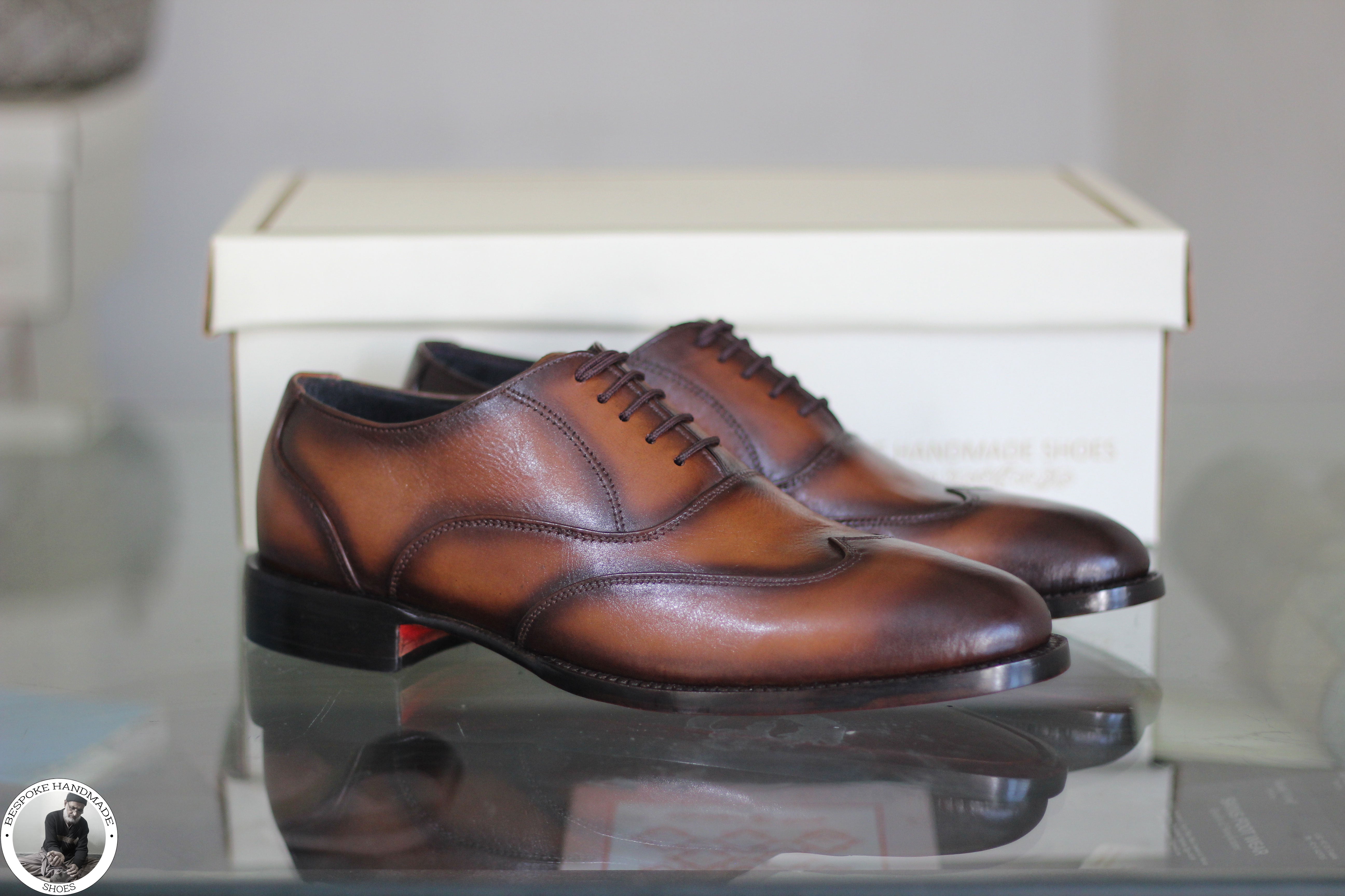 Made to Measure Handmade Brown Leather Black Shaded Oxford Wingtip Lace up Dress Shoes
