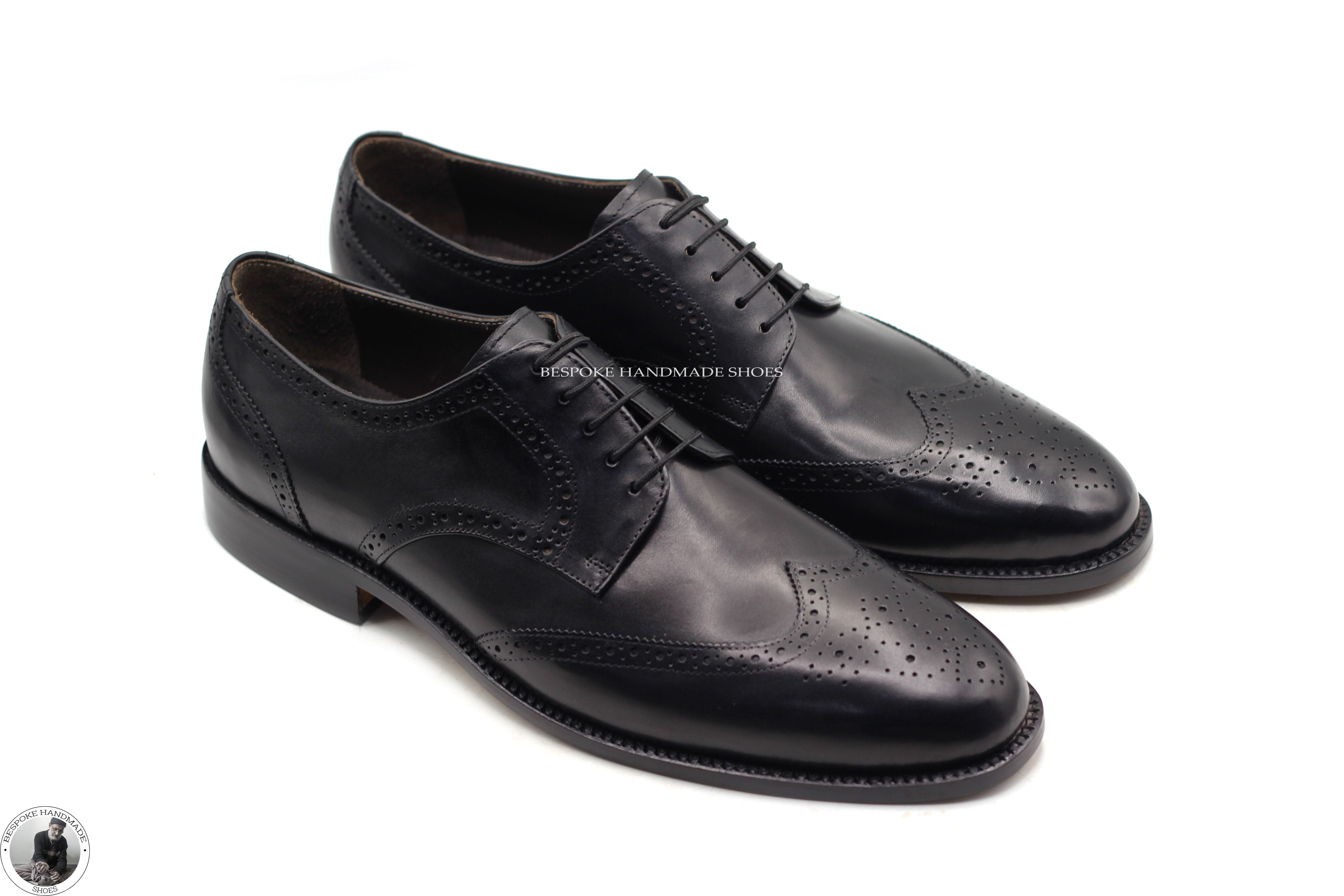 Handmade Men's Black Leather Wingtip Brogue Derby Lace Up Stylish Men's Shoes