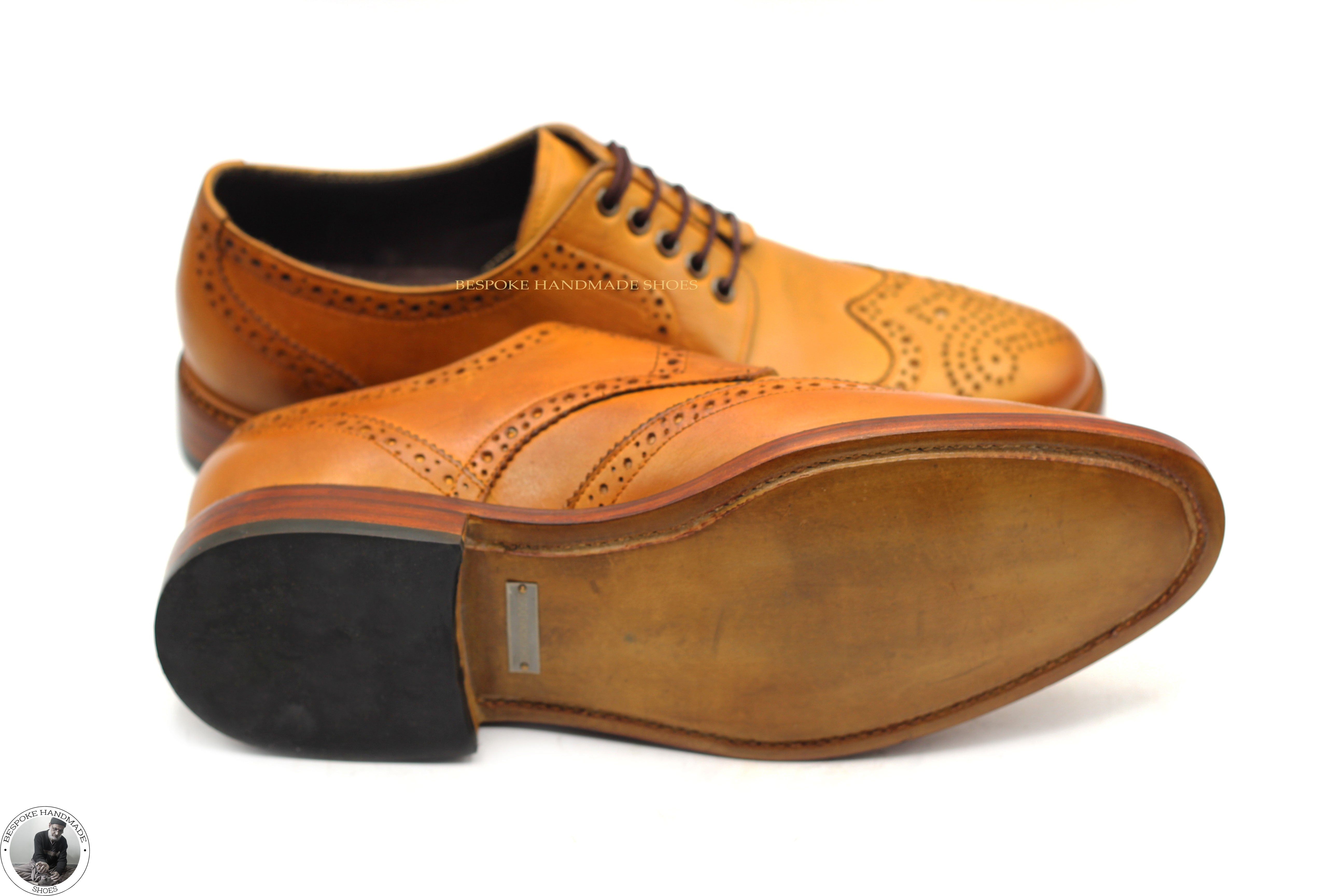 Handmade Men's Tan Leather Wingtip Brogue Oxford Lace Up Shoes For Men's