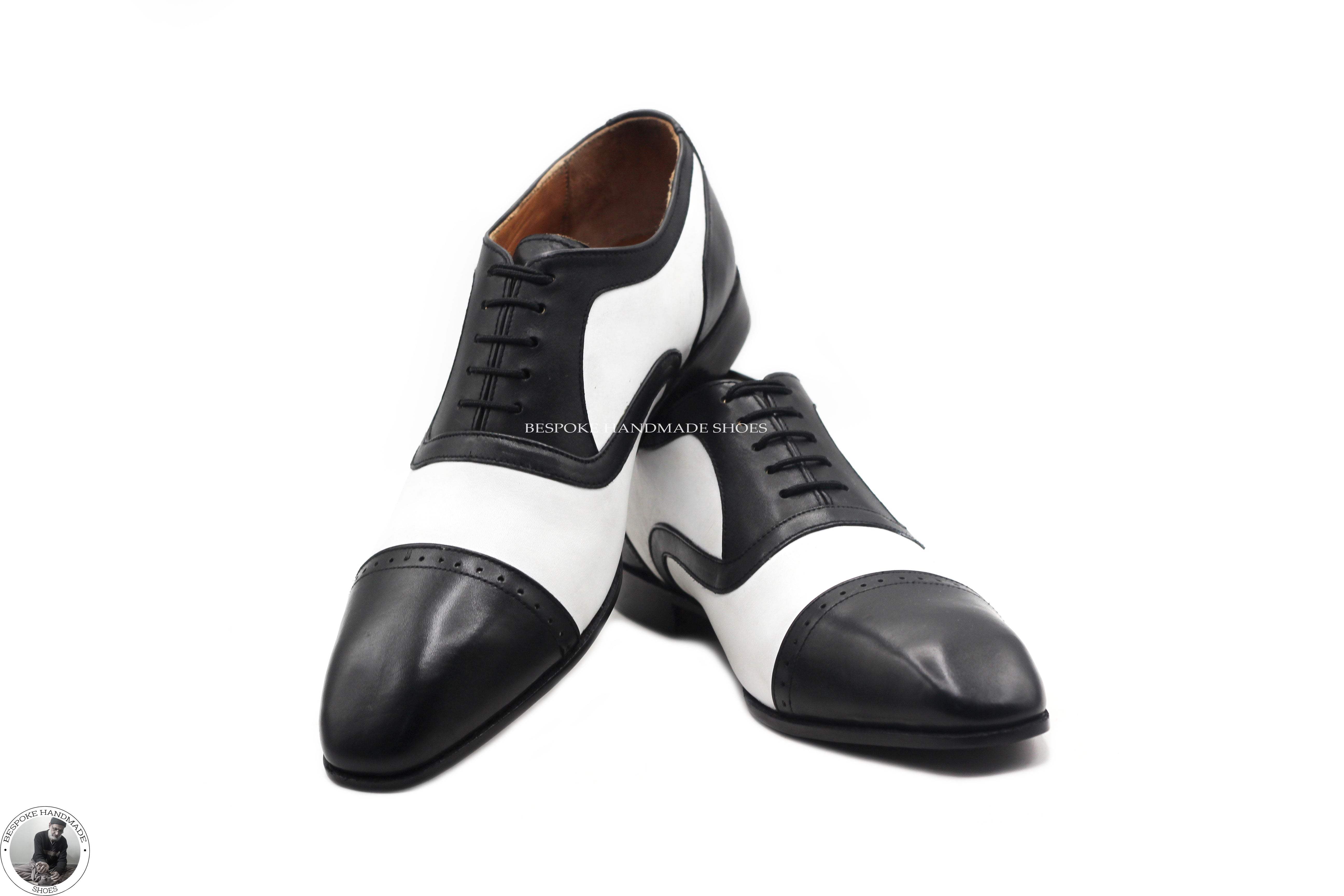Handmade Men's Black And White Leather Wingtip Brogue Oxford Lace Up Formal Men's Shoes