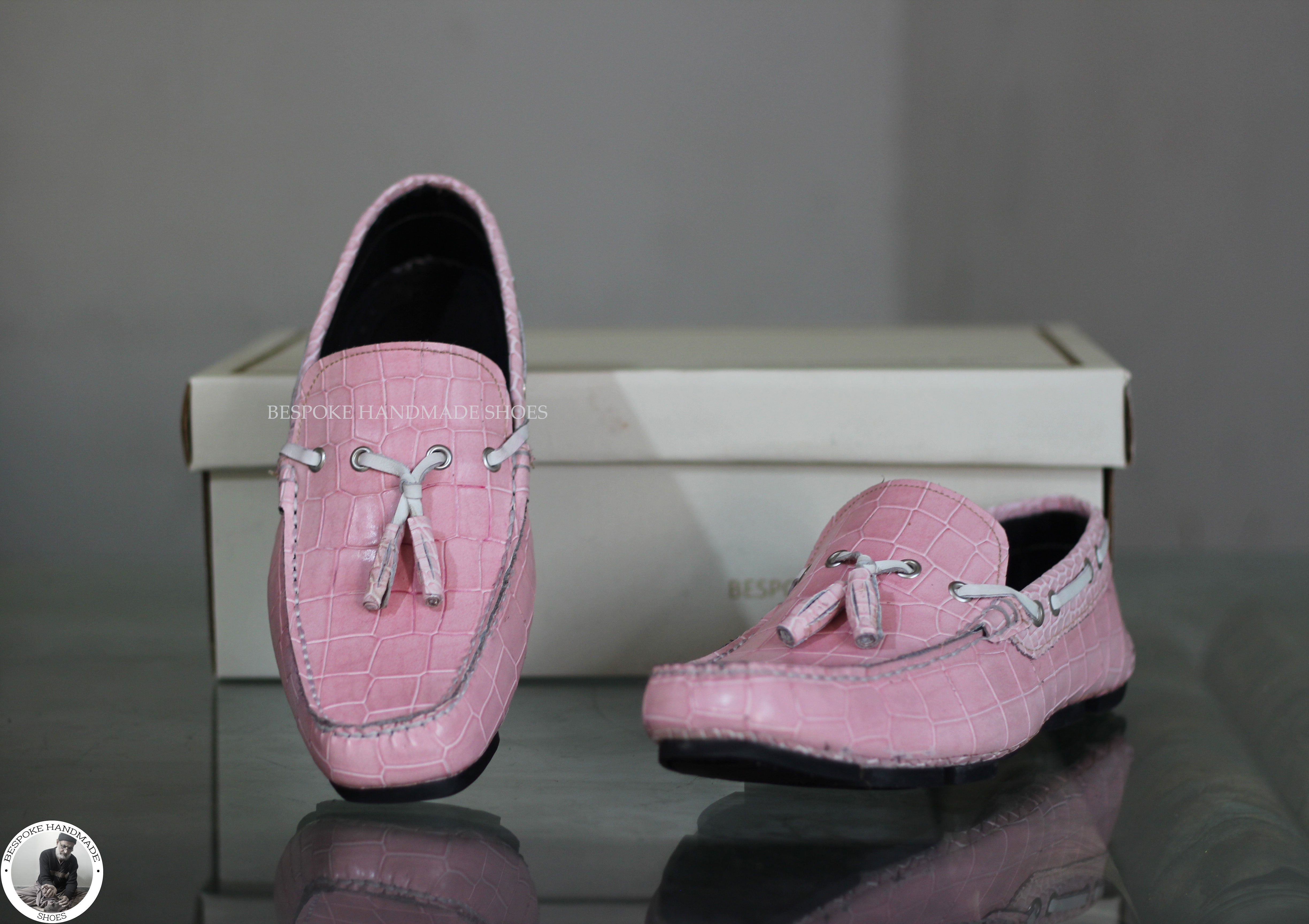 Tailor Made Men's Pink Color Animal Print Leather Tassels Slip On Moccasin Formal Shoes For Men's