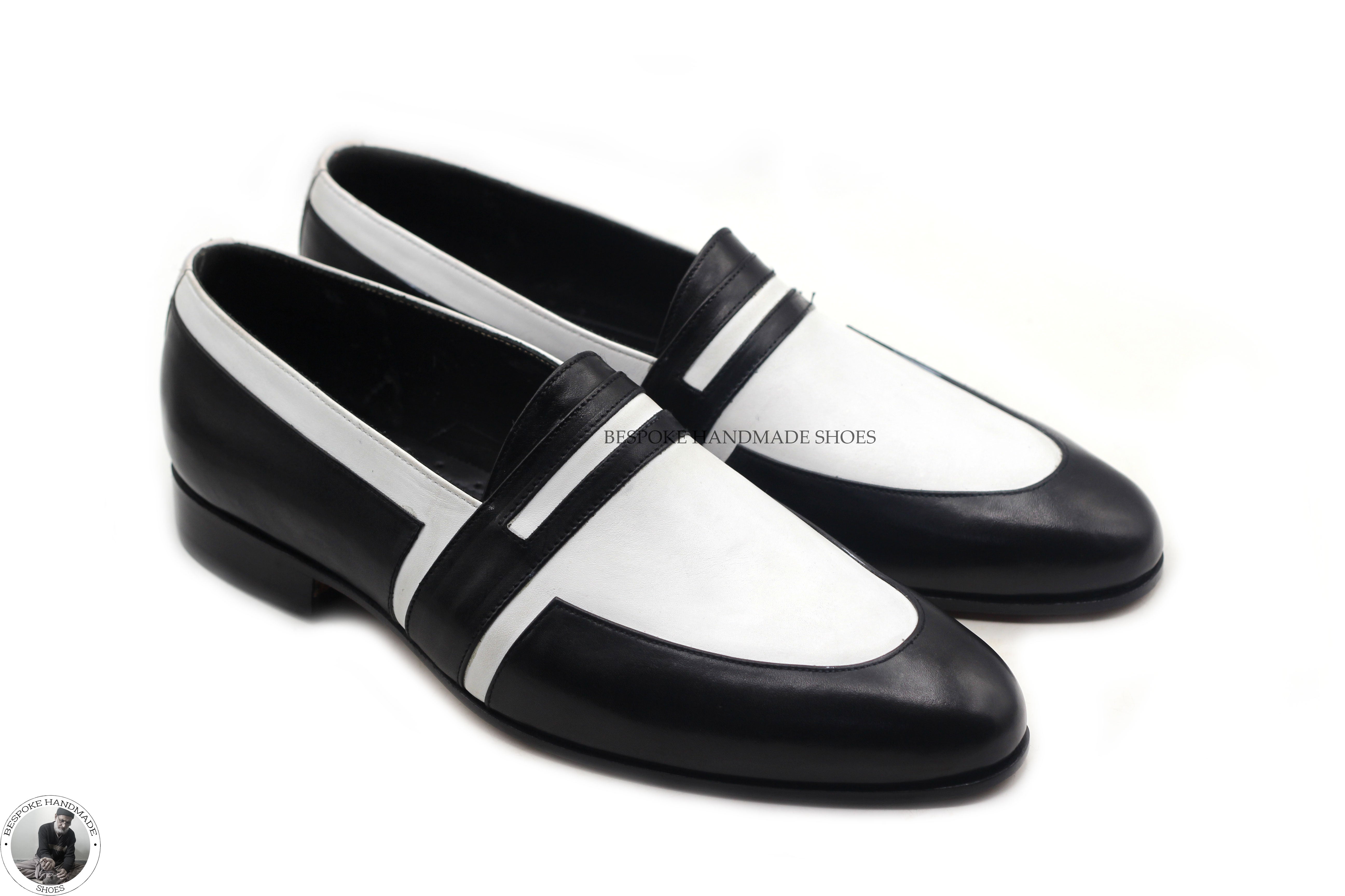 Handmade Men's White And Black Leather Slip On Moccasin Fashion Shoes For Men's