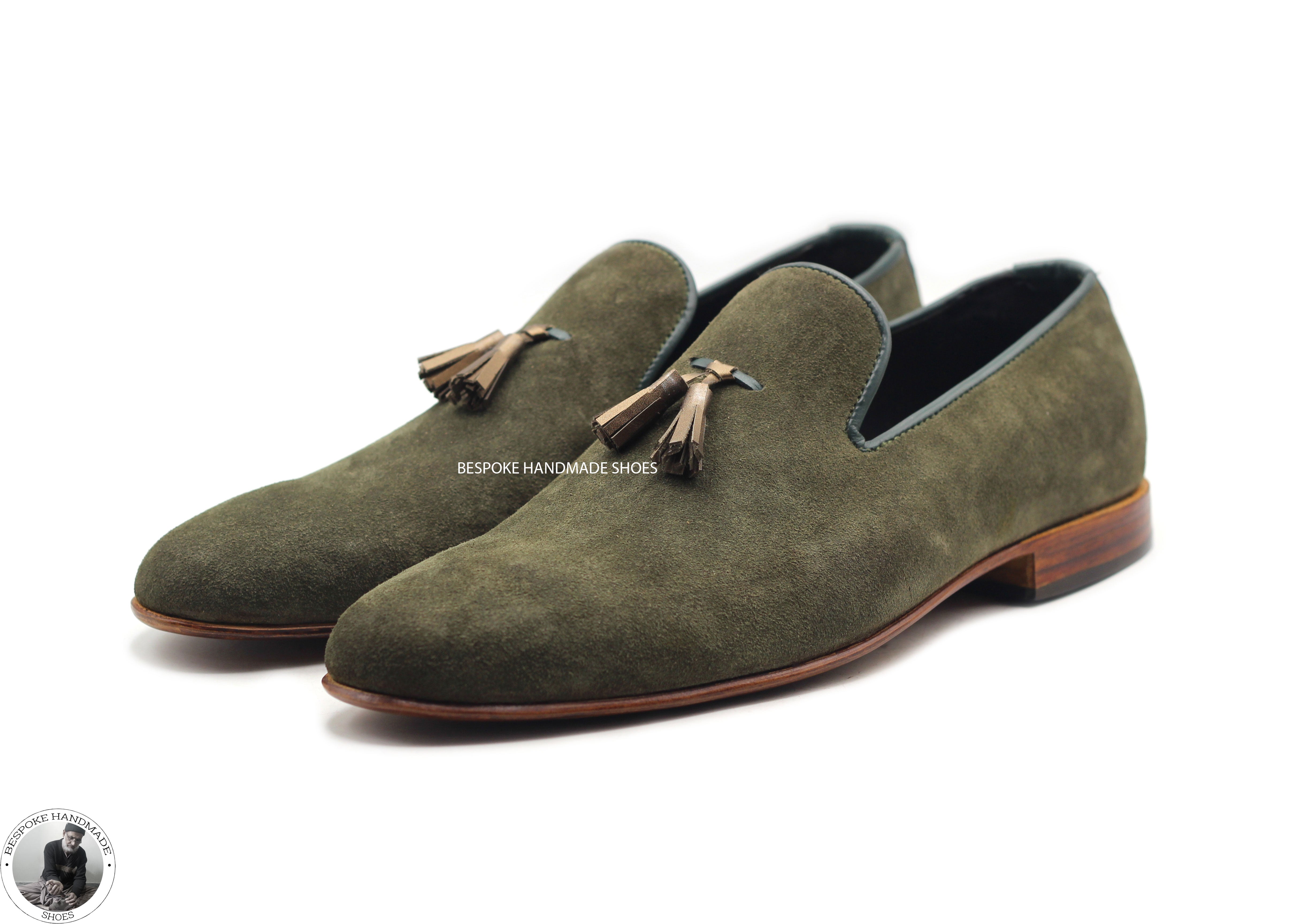 Bespoke Men's Premium Quality Olive Green Color Leather & Tassels Fashion / Dress Shoes For Men's