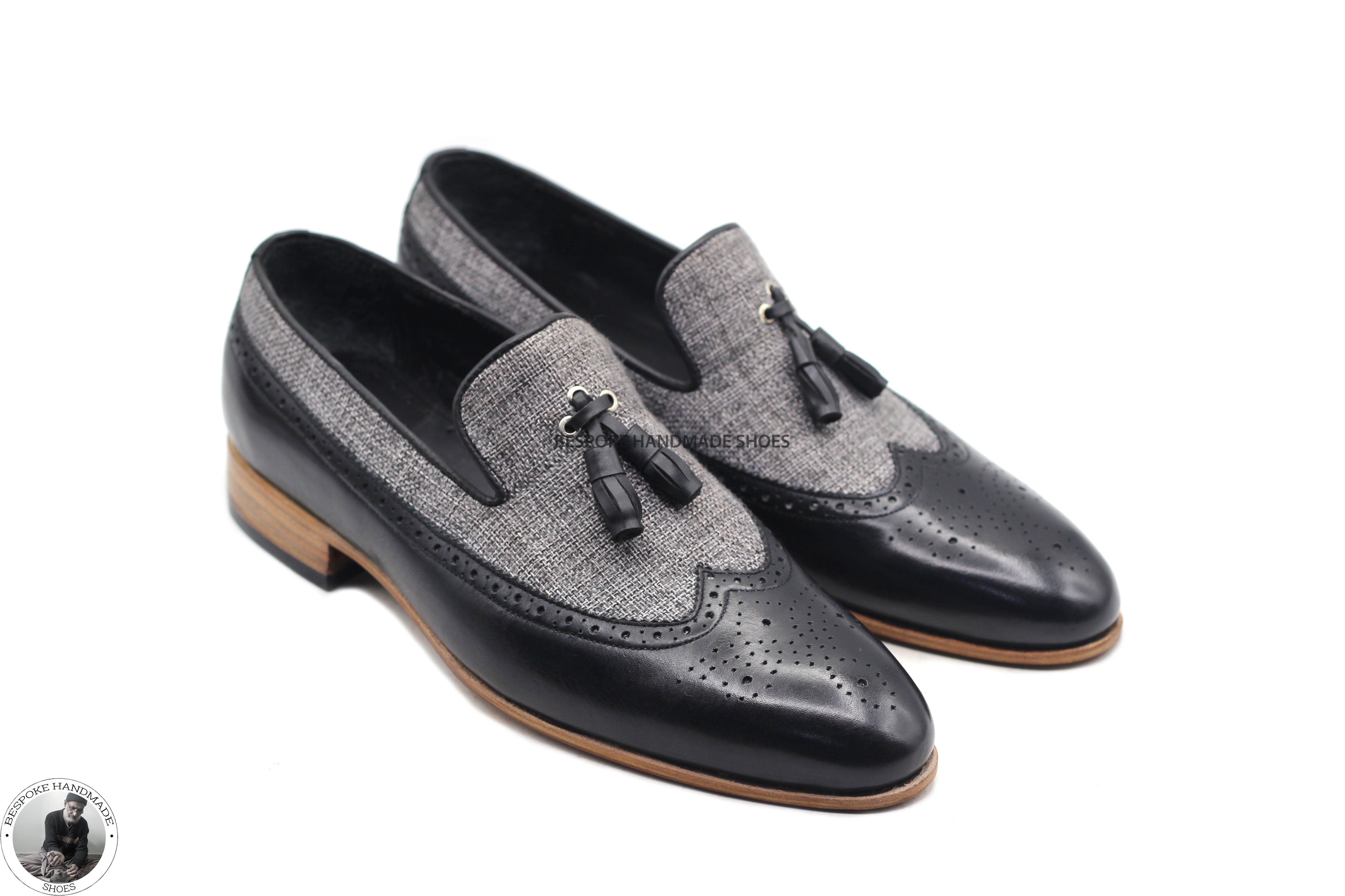 Premium Quality Black Leather & Gray Fabric Moccasin Slip On Leather Tassels Party Wear Men Shoes